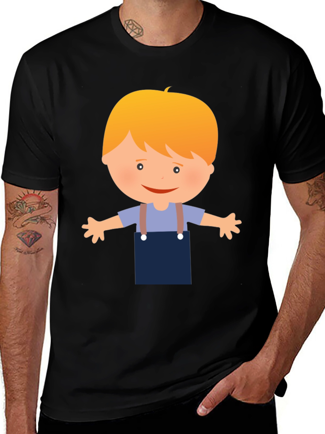 Cartoon Boy Graphic Tee - Black Short Sleeve Casual Shirt
