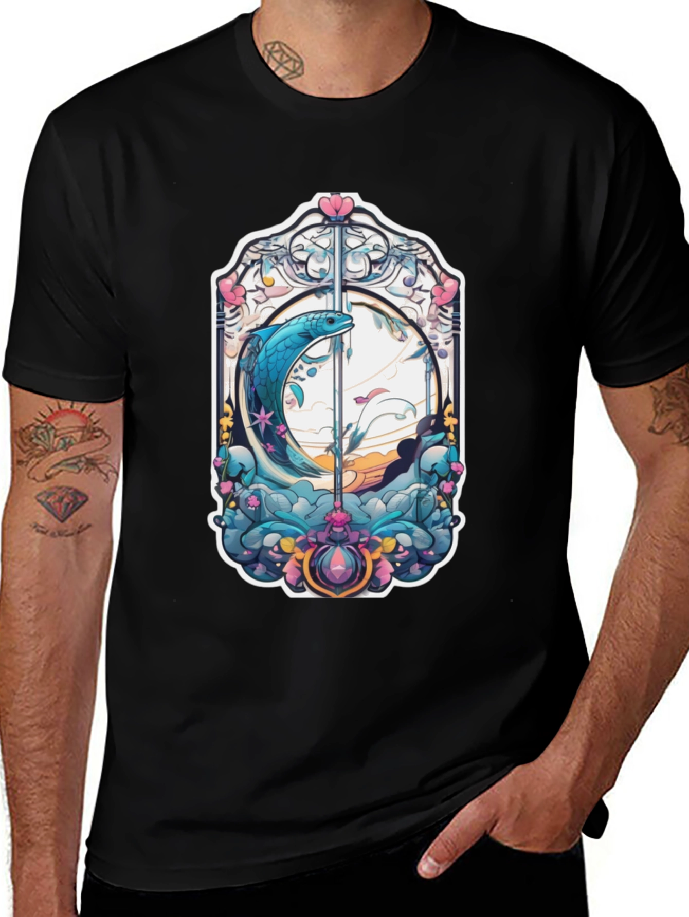 Artistic Fish Graphic Black T-Shirt