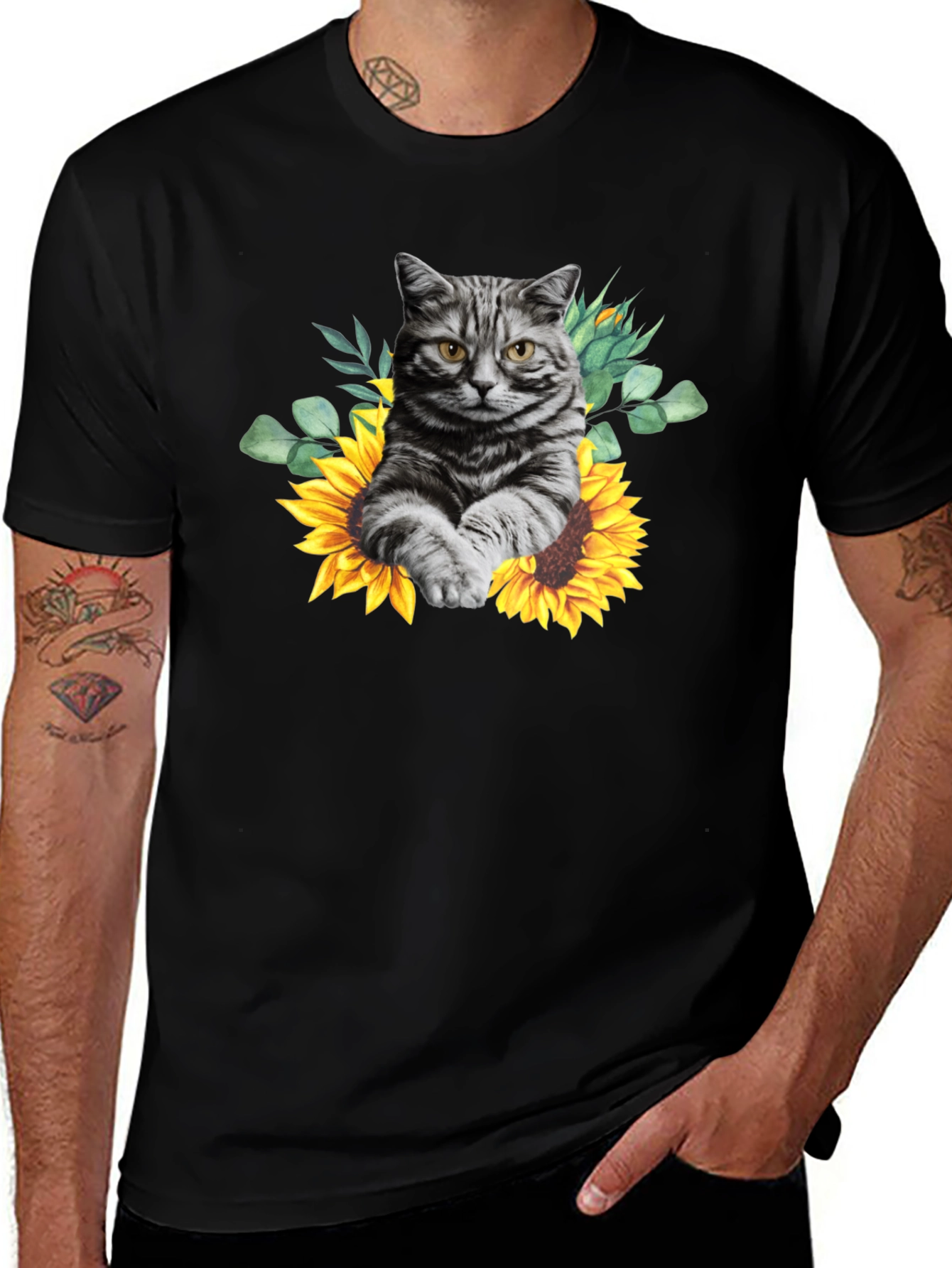 Variant 24 of Cat & Sunflower Graphic T-Shirt - Black