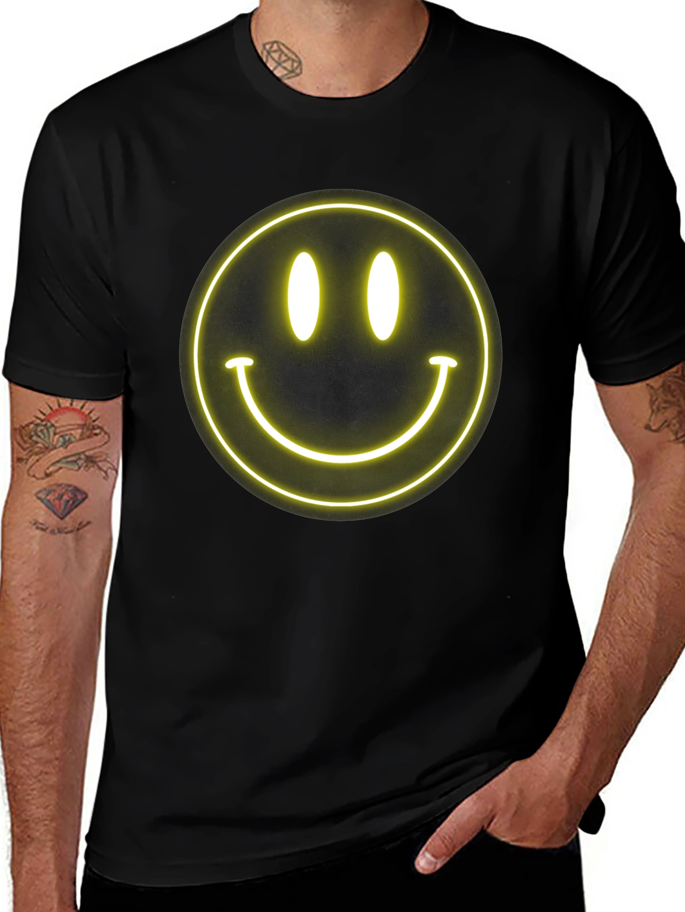 Variant 18 of Neon Smiley Face Black T-Shirt - Happy Vibes!