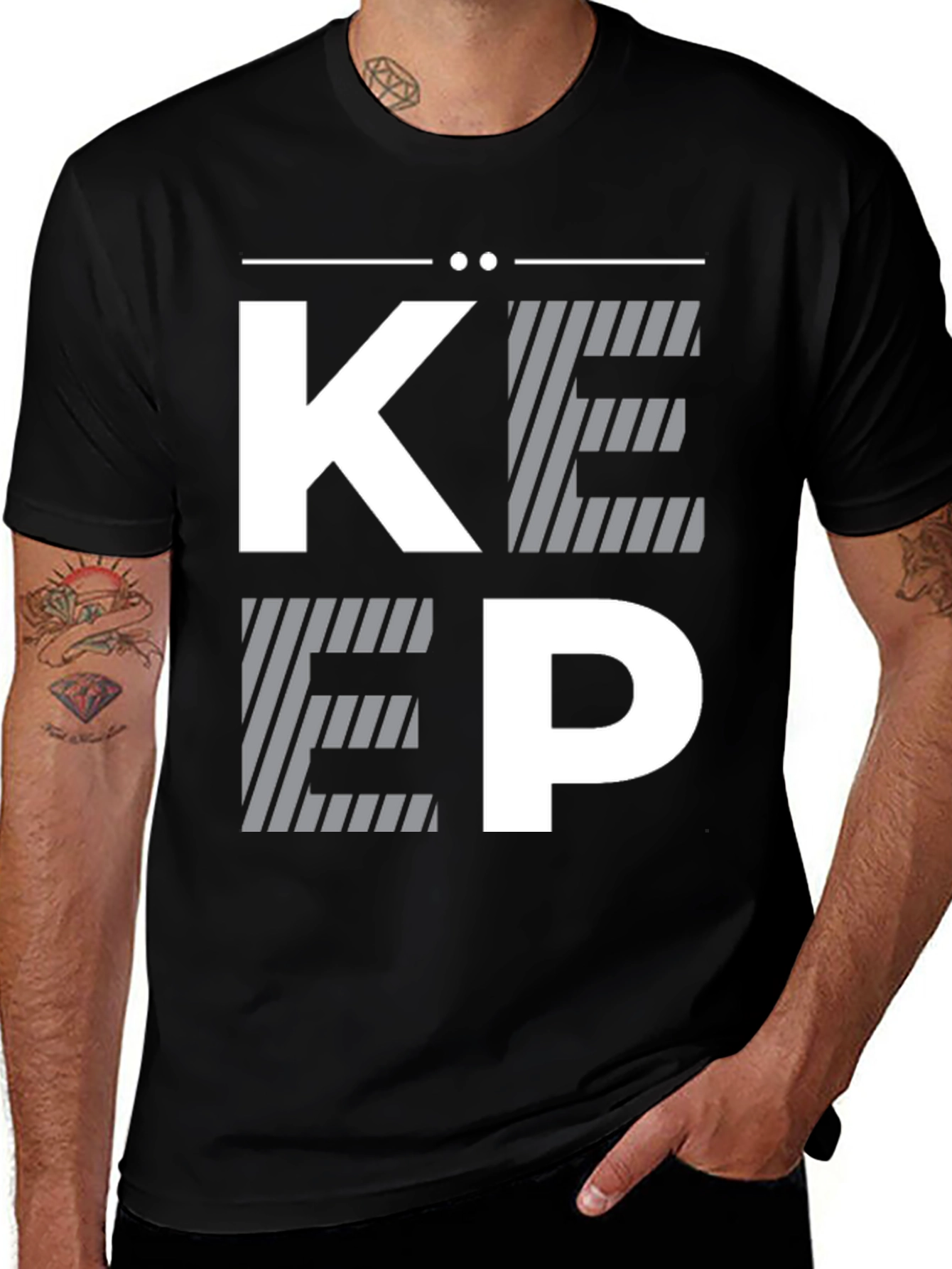 Variant 17 of Modern Striped "KEEP" Graphic Print Black T-Shirt