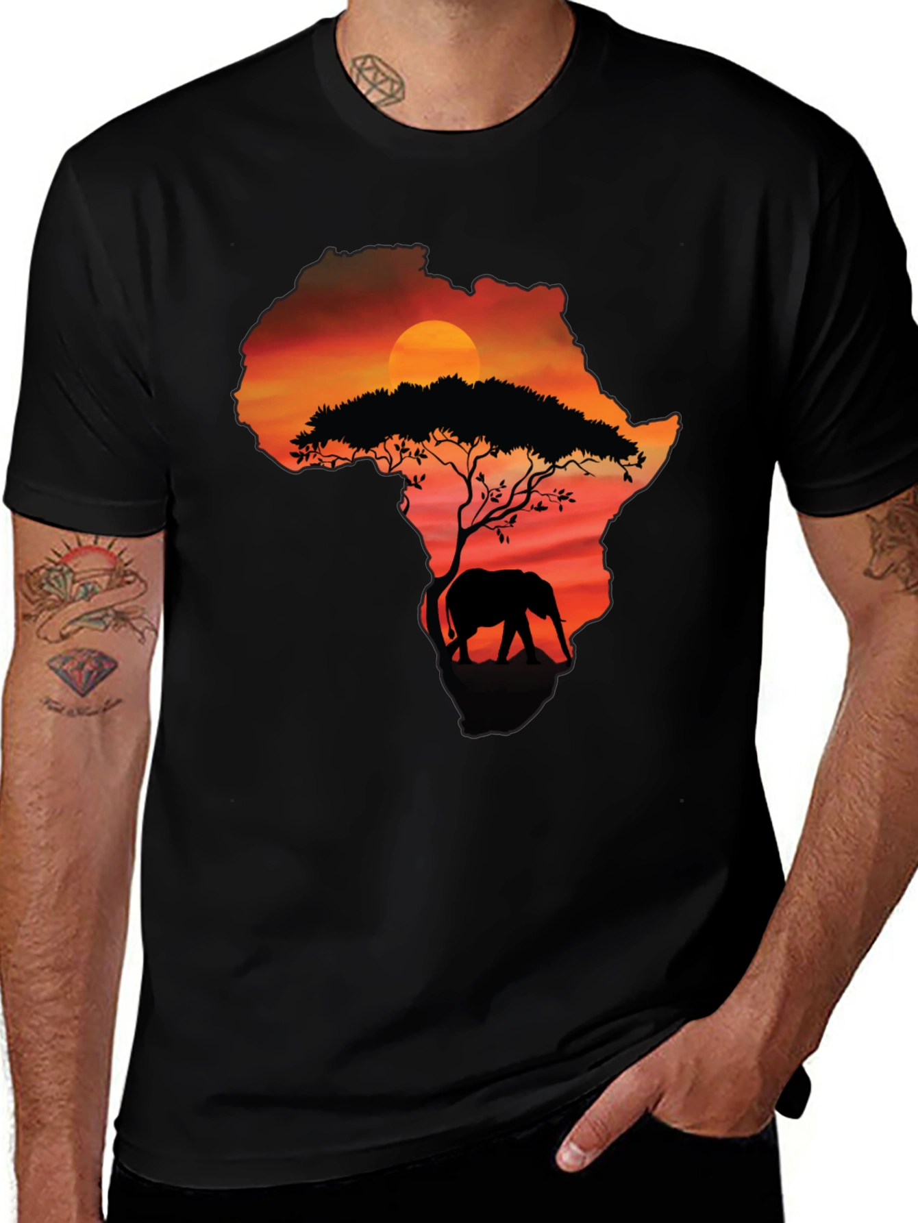 Africa Sunset Elephant Graphic Tee - Black