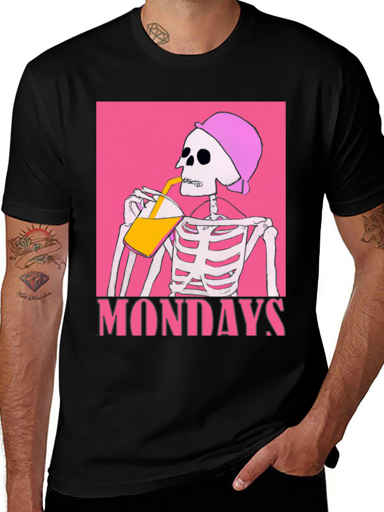Black Mondays Skeleton Drink Tee - Black Graphic T-Shirt main image