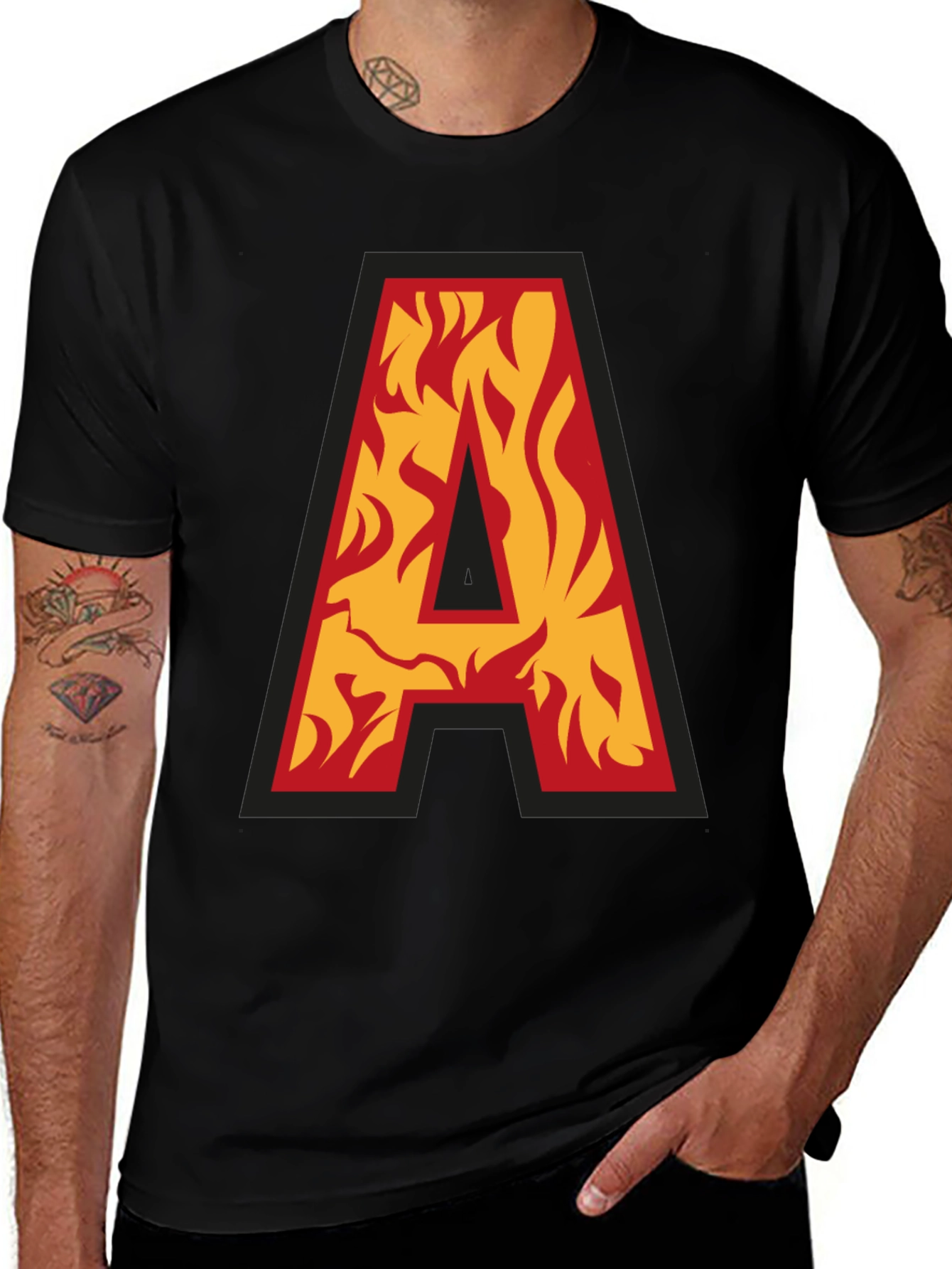 Fiery Initial 'A' Graphic Tee - Bold Black T-Shirt
