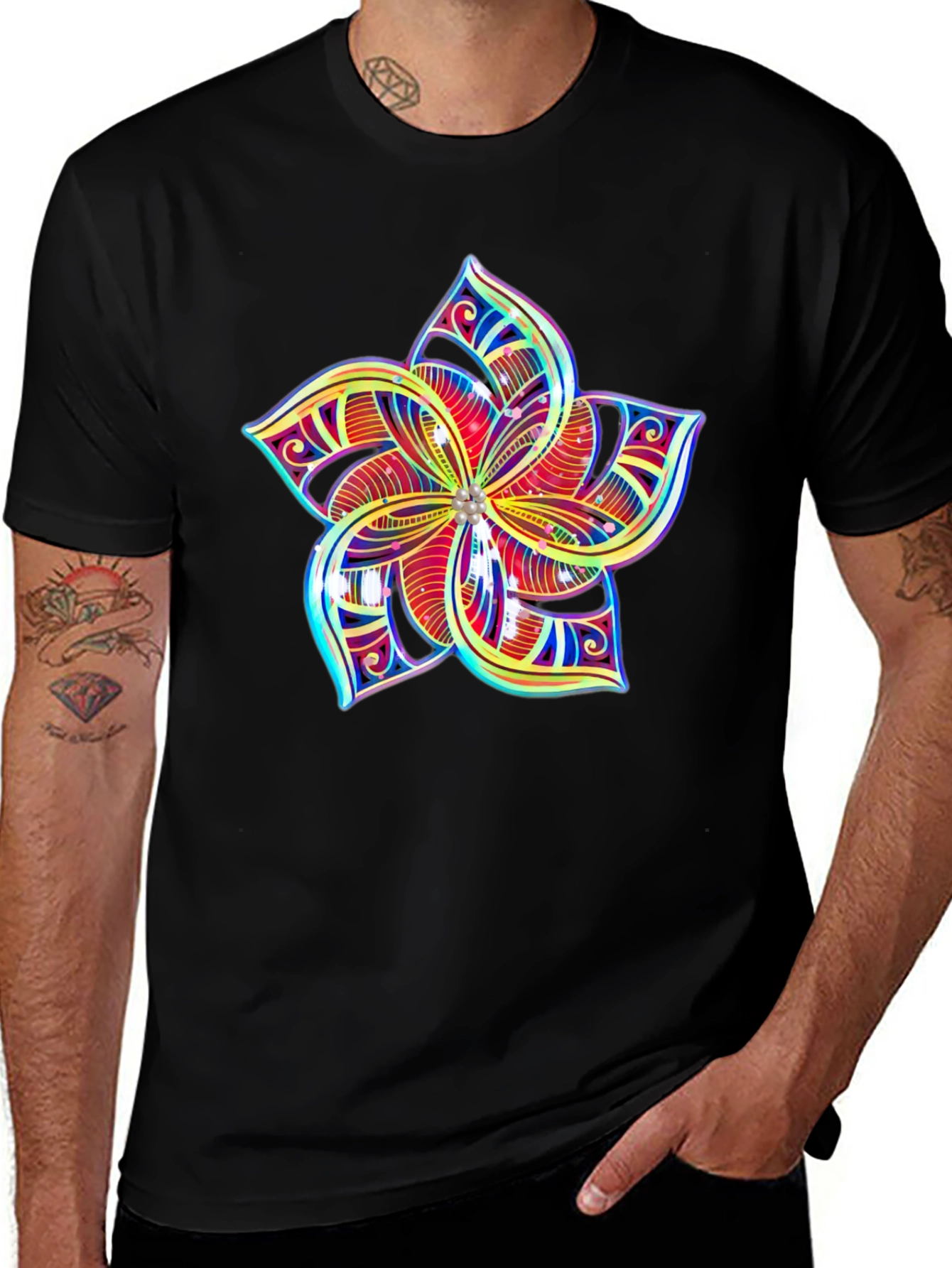 Variant 20 of Vibrant Flower Graphic Black Tee - Unique Design