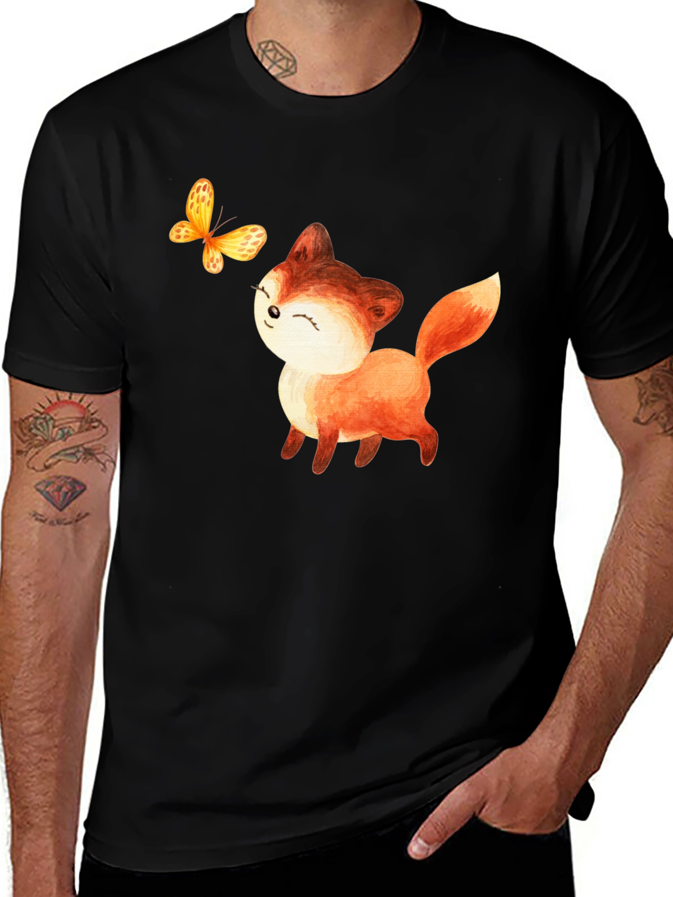 Variant 27 of Cute Fox & Butterfly Graphic T-Shirt - Black