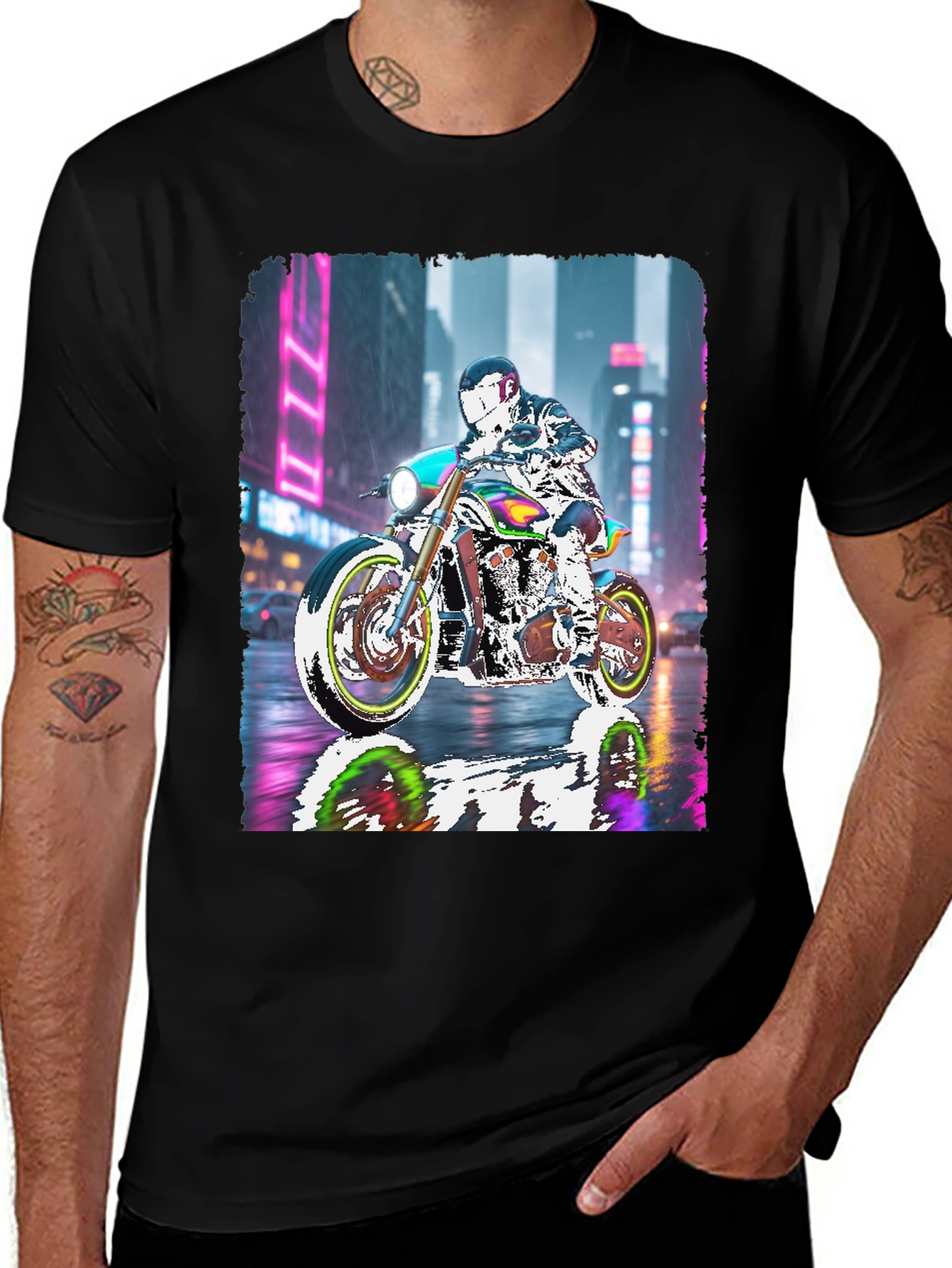 Motorcycle Rider Neon City T-Shirt