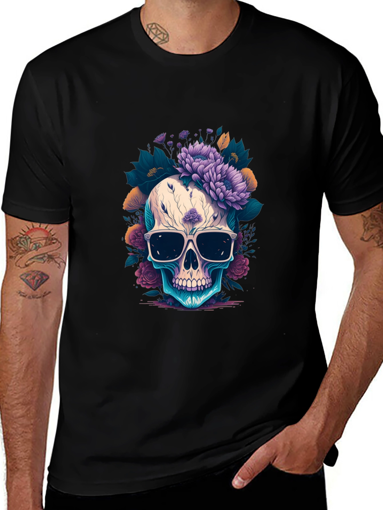 Variant 5 of Floral Skull Graphic Tee - Men's Black T-Shirt