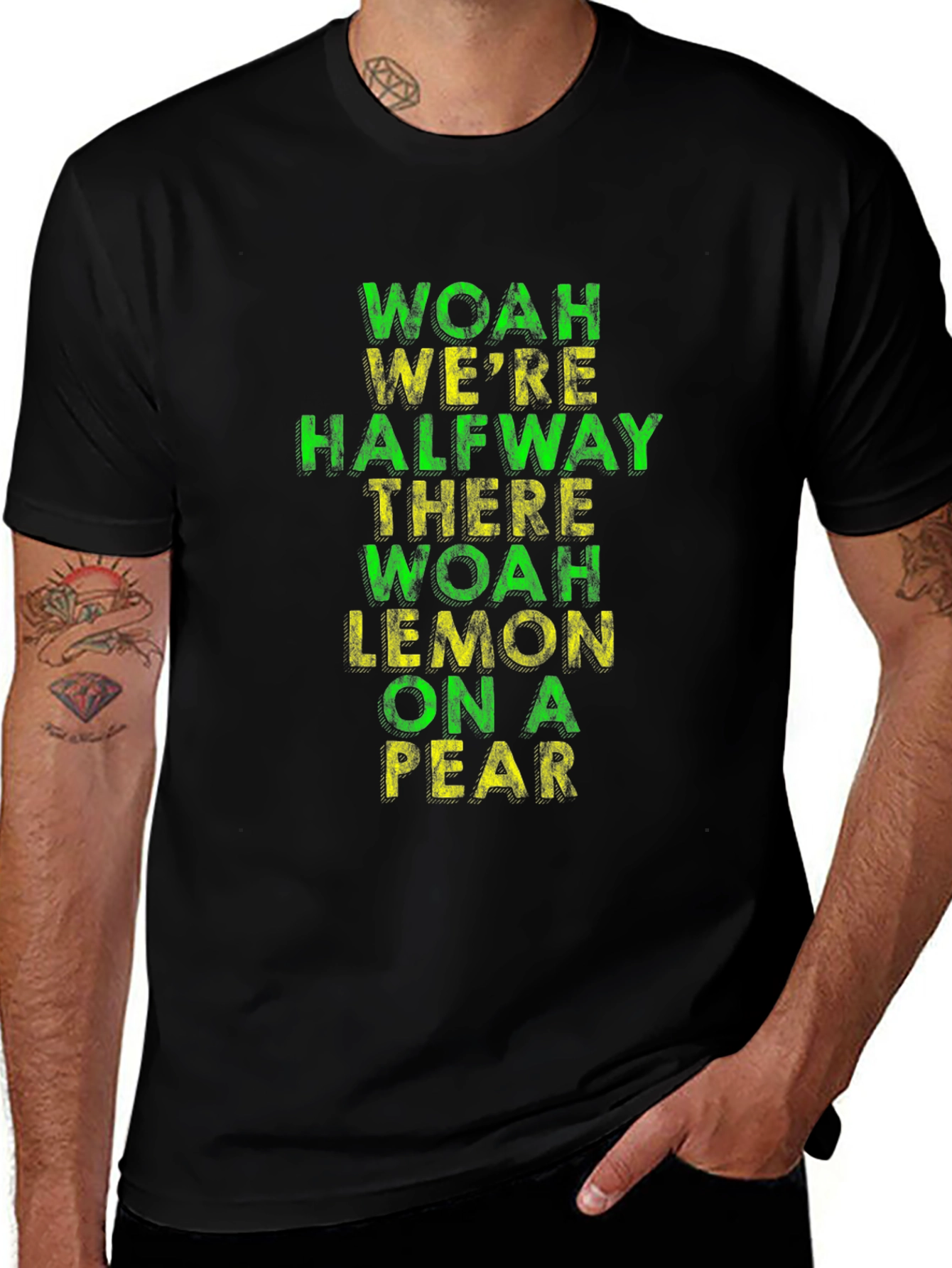 Black Funny T-Shirt: Woah We're Halfway There Lemon On A Pear main image