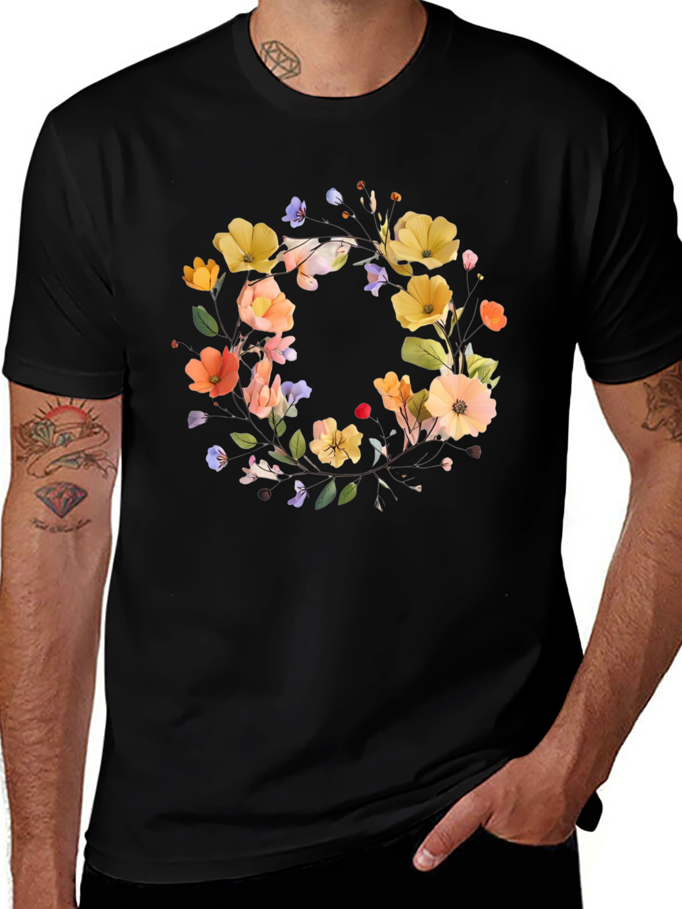 Variant 17 of Floral Wreath Graphic Black T-Shirt