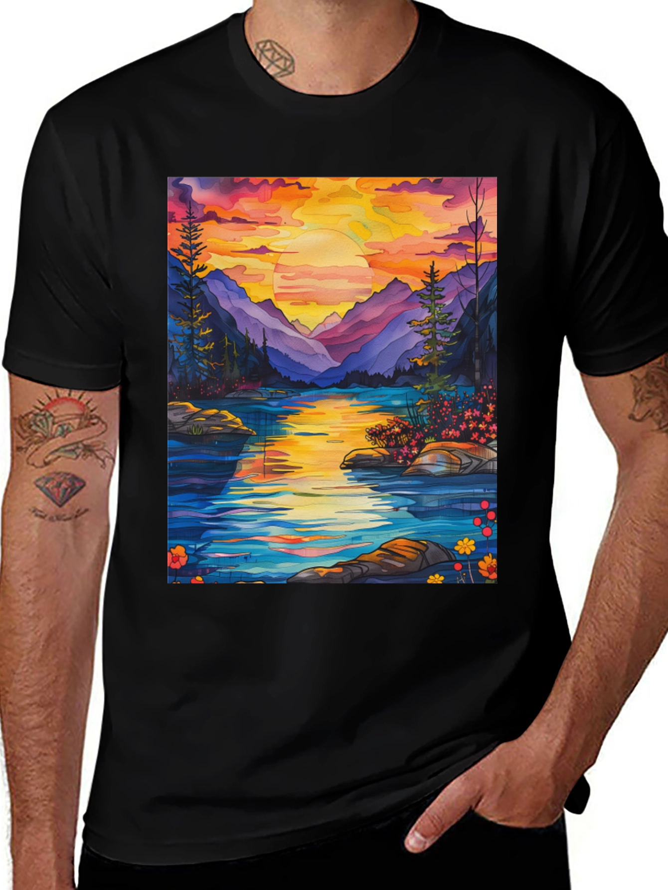 Variant 11 of Scenic Sunset Lake Graphic Tee - Men's Black T-Shirt