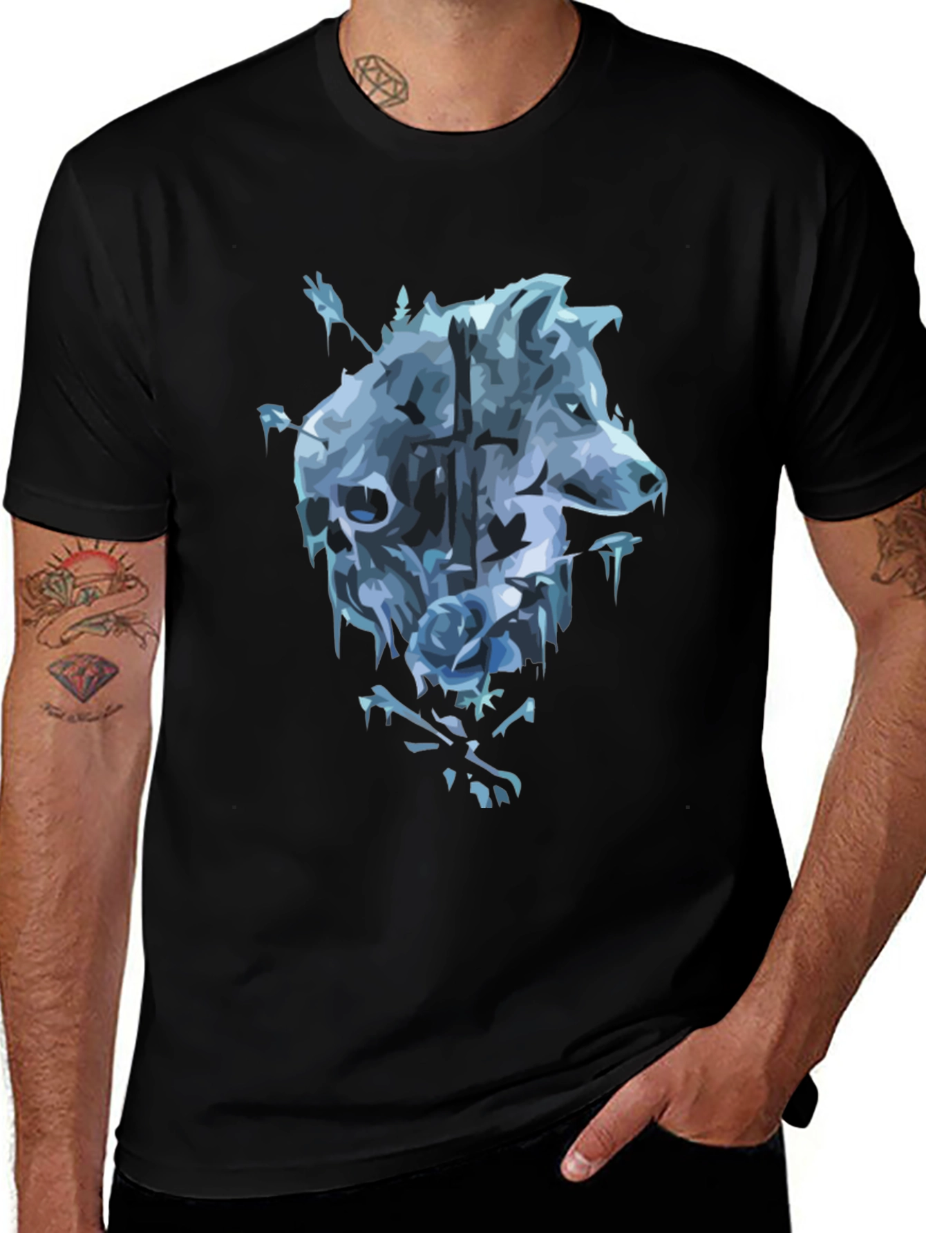 Variant 18 of Wolf Skull Rose Graphic T-Shirt - Men's Black Tee
