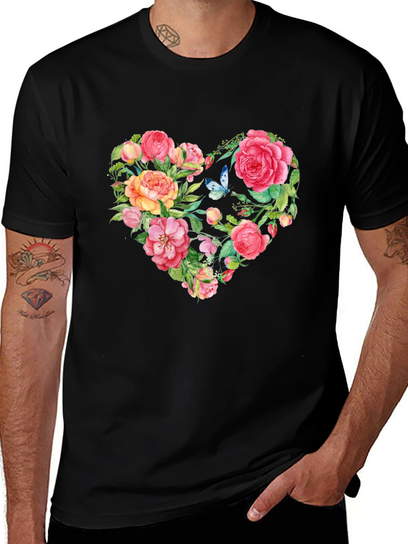 Variant 8 of Floral Heart Graphic Tee - Black Cotton T-Shirt