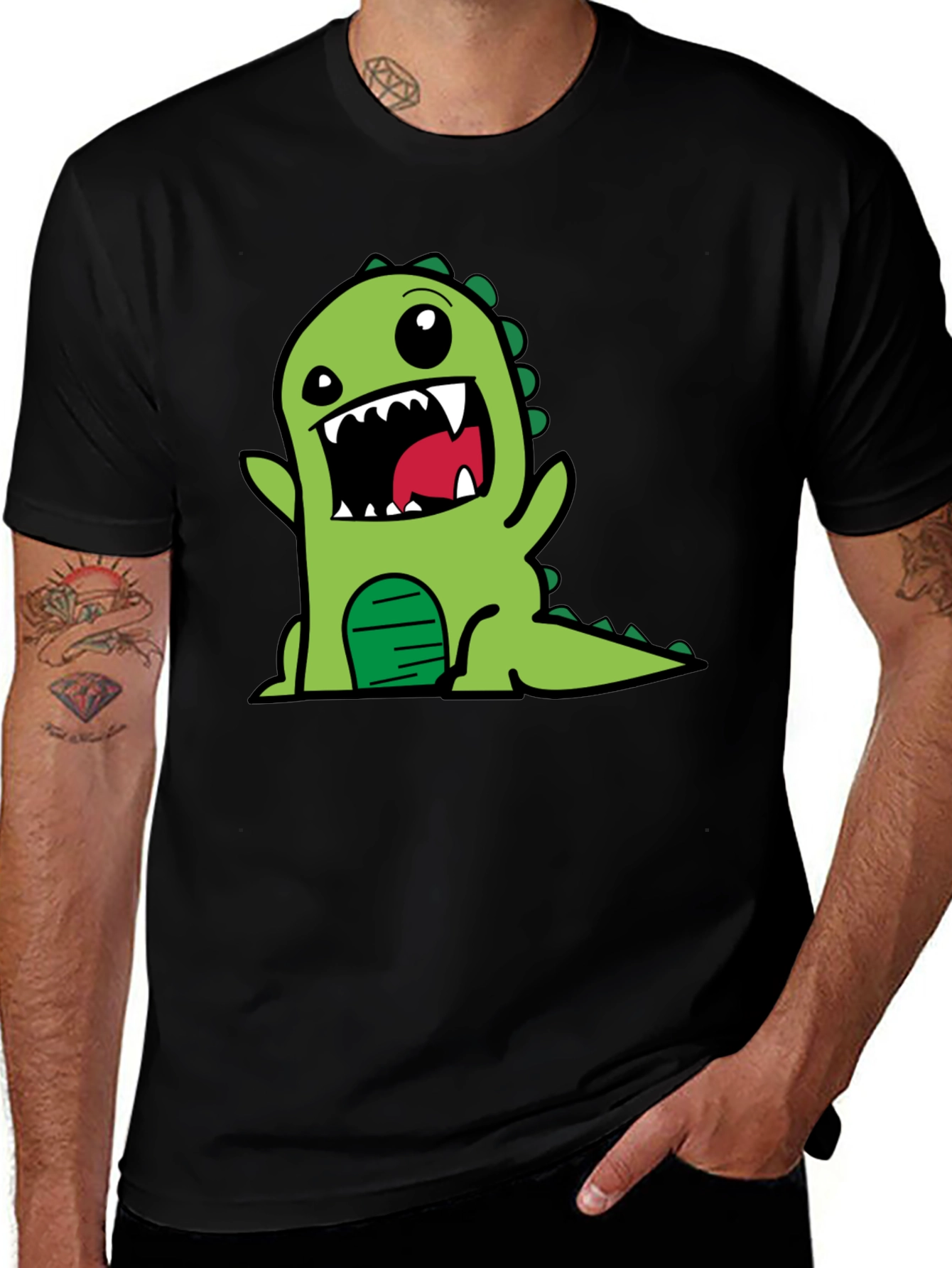 Variant 14 of Cartoon Dinosaur Graphic Tee - Black Cotton T-Shirt