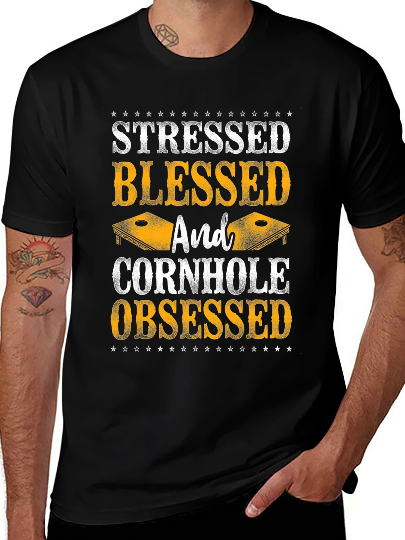 Variant 13 of Stressed Blessed Cornhole Obsessed Graphic Tee