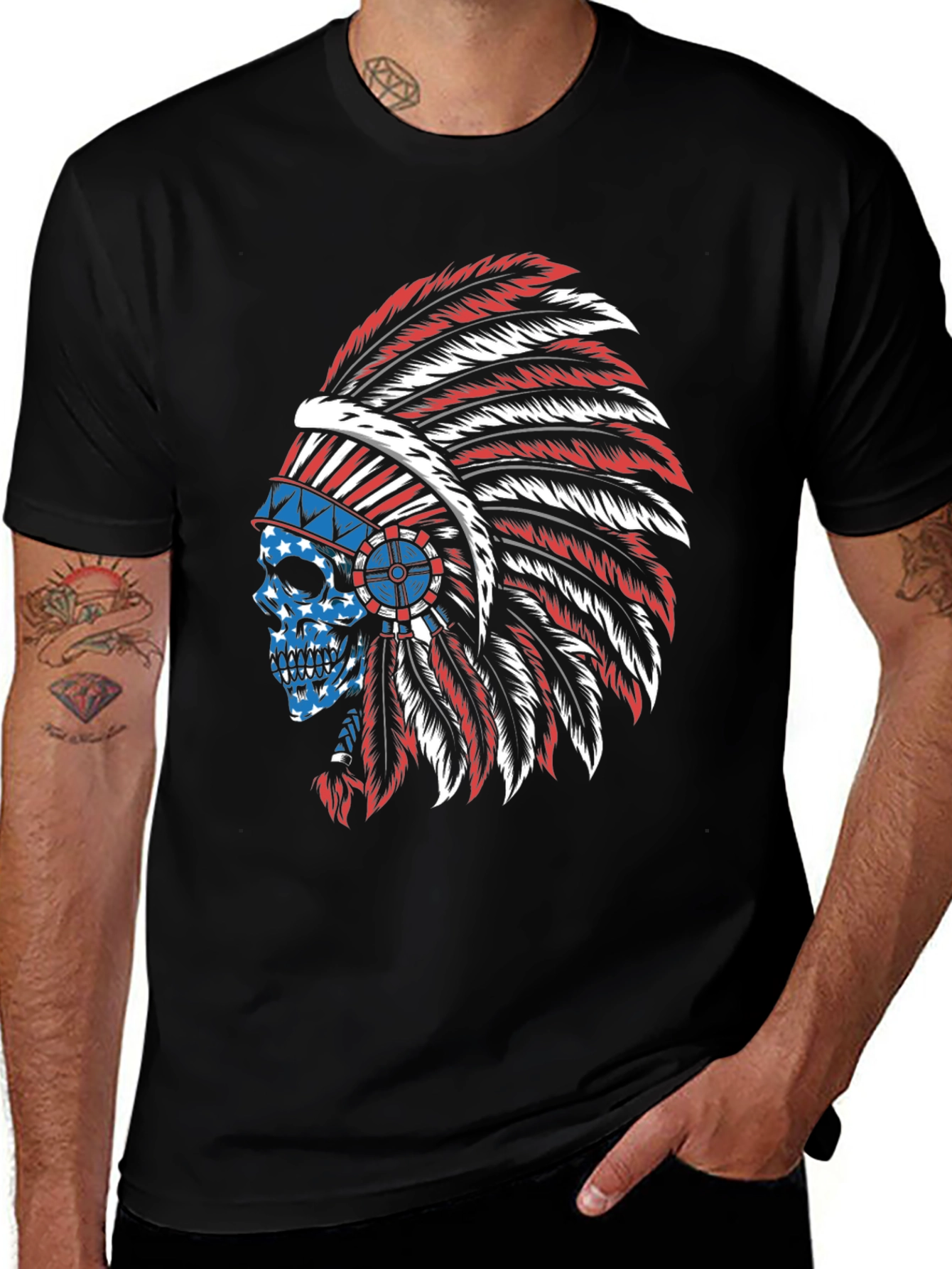 Variant 8 of American Indian Skull T-Shirt - Patriotic Design