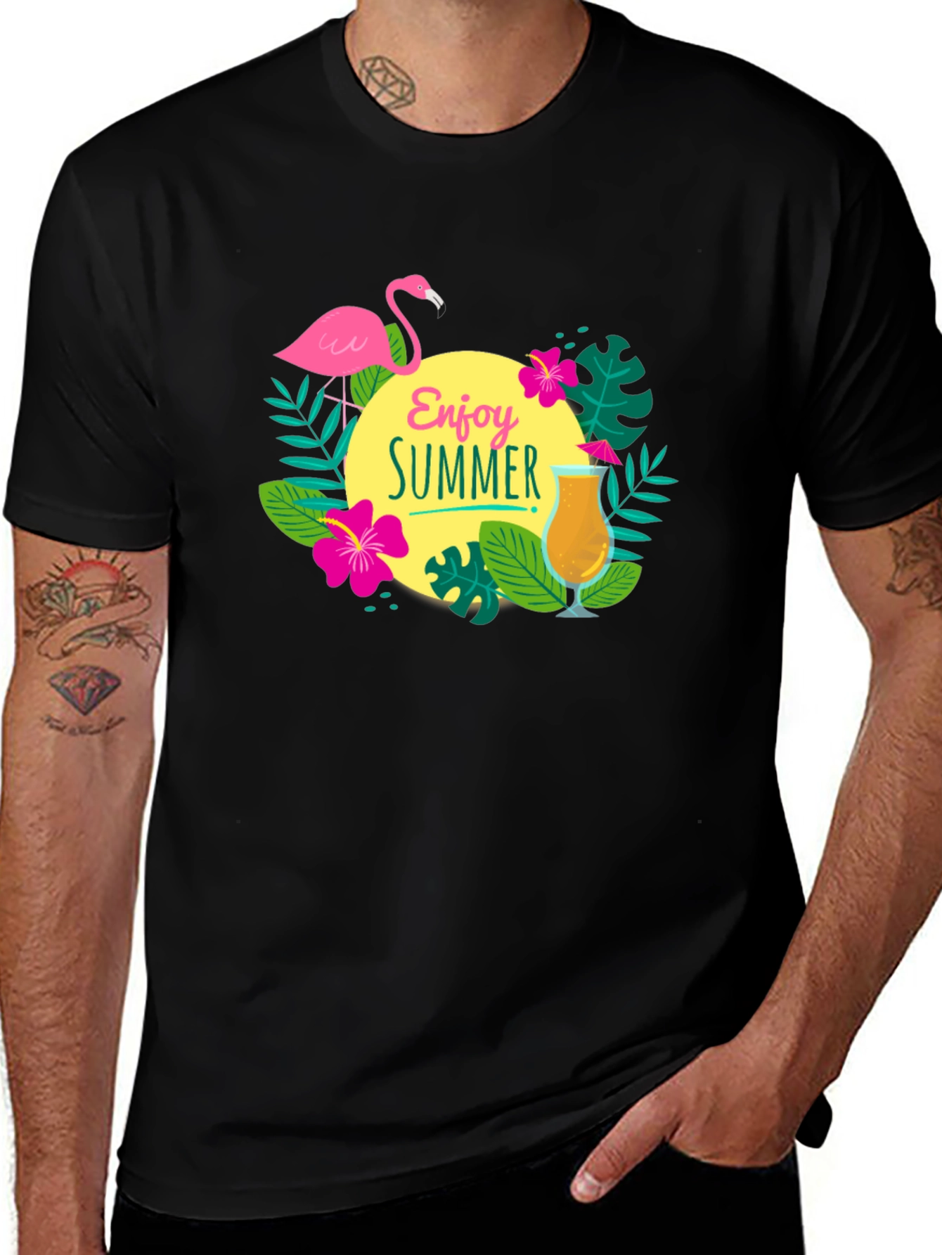Enjoy Summer T-Shirt - Flamingo & Cocktail Graphic Tee