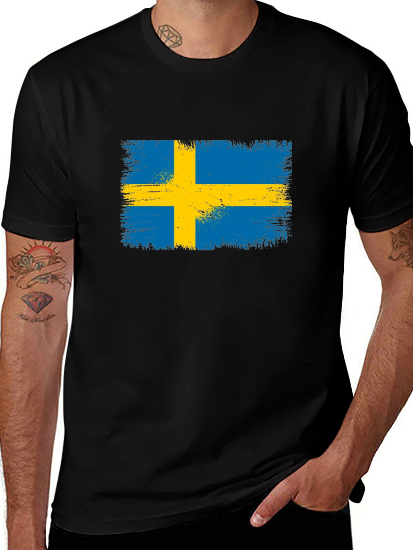 Sweden Flag T-Shirt - Distressed Design - Black