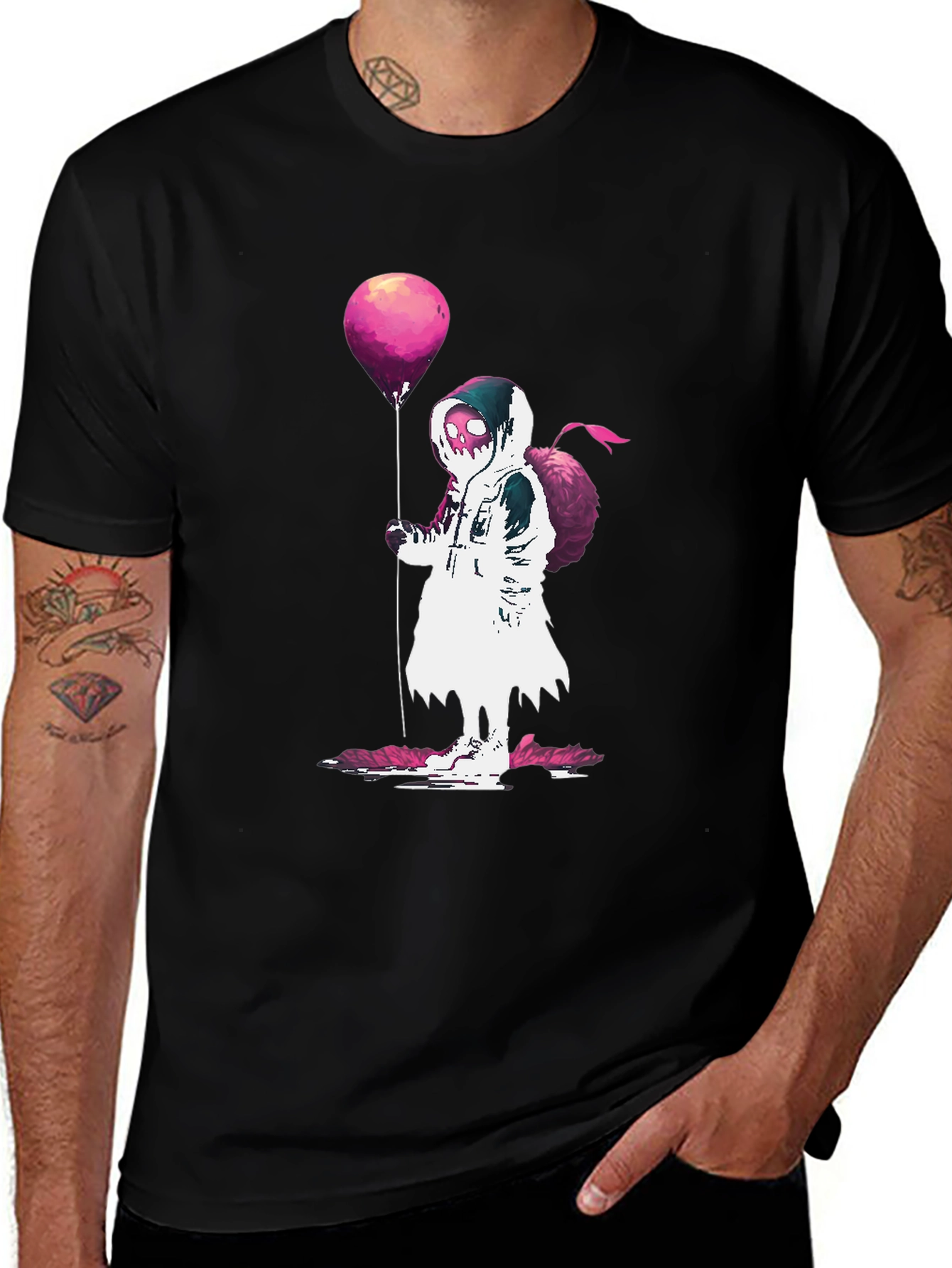 Variant 26 of Hooded Figure Holding Balloon Graphic T-Shirt