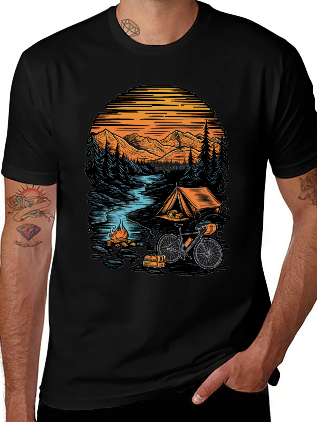 Black Adventure Camping T-Shirt - Mountain & Bicycle Design main image