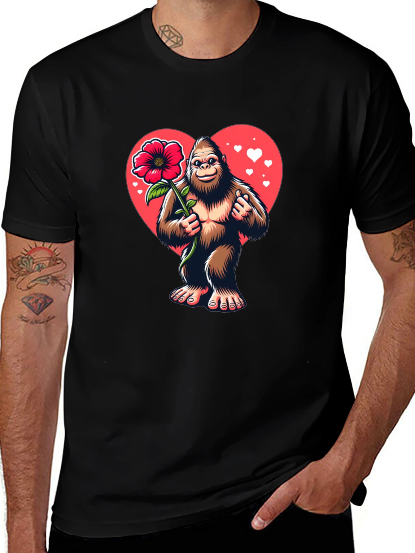 Romantic Bigfoot Graphic Tee - Valentine's Day Gorilla Shirt