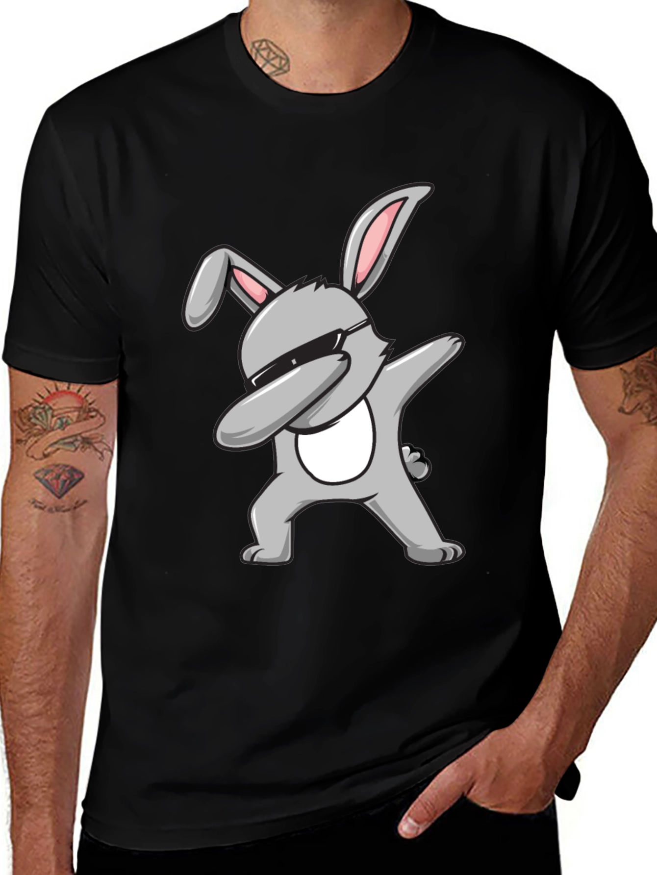 Variant 19 of Dabbing Bunny Graphic Tee - Black Cotton T-Shirt