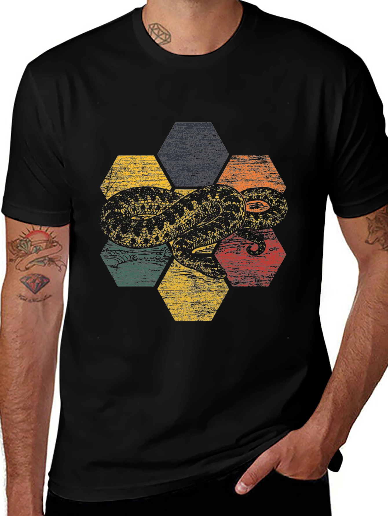 Variant 23 of Retro Snake Graphic T-Shirt - Hexagon Design