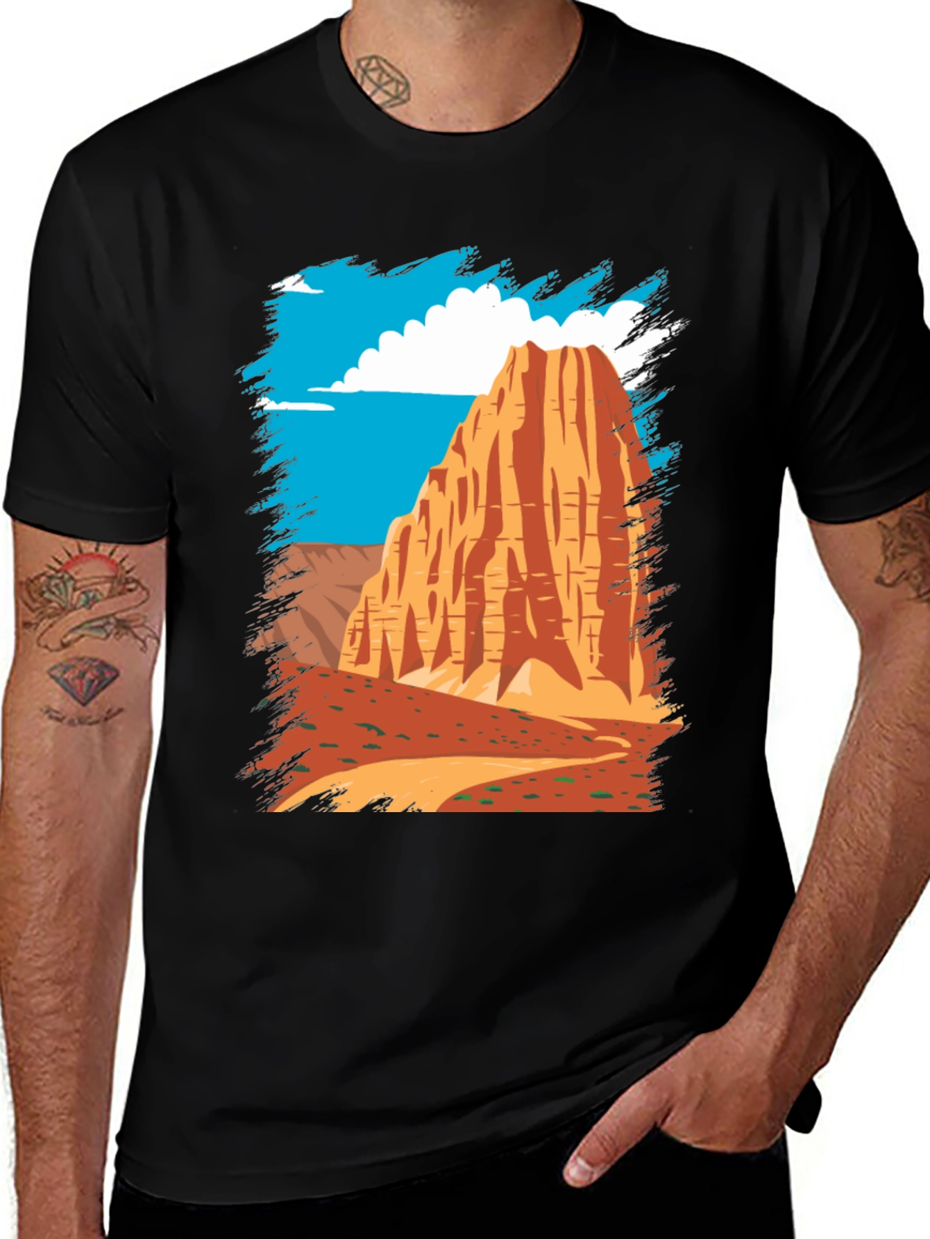 Variant 6 of Desert Mountain Graphic Tee - Black Cotton Casual T-Shirt