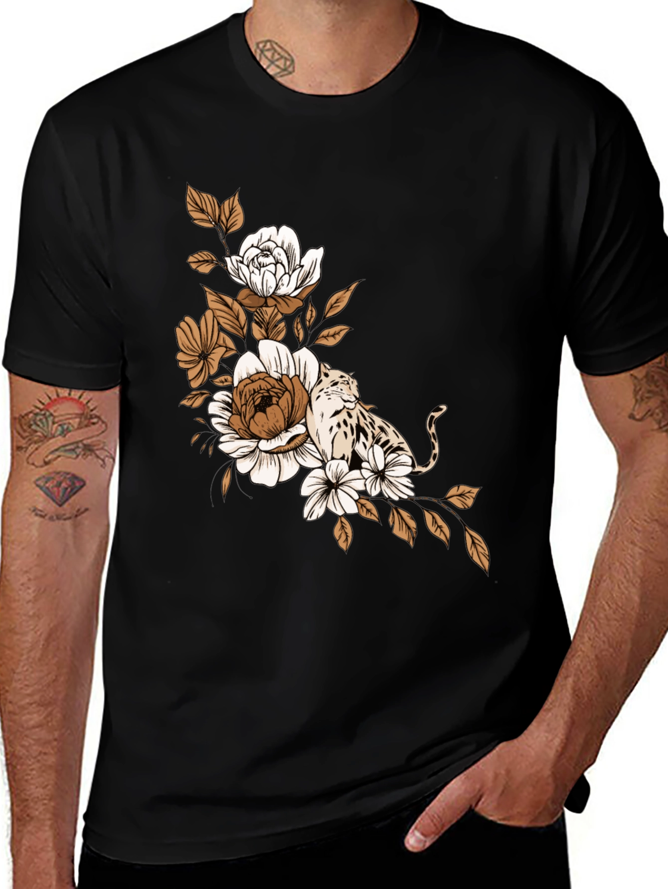 Variant 14 of Floral Cat Print Black T-Shirt