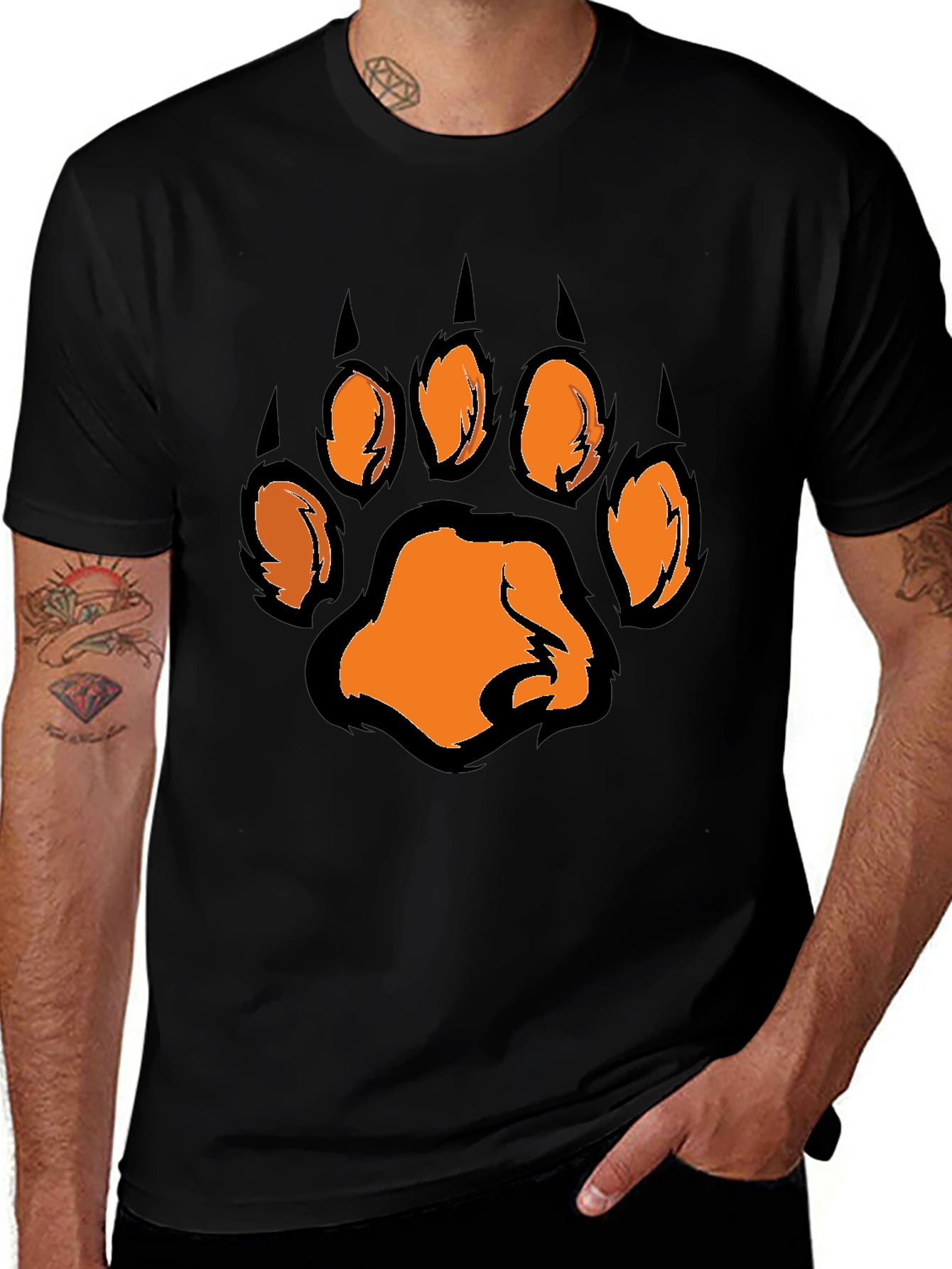 Variant 13 of Men's Black T-Shirt with Orange Paw Print Graphic