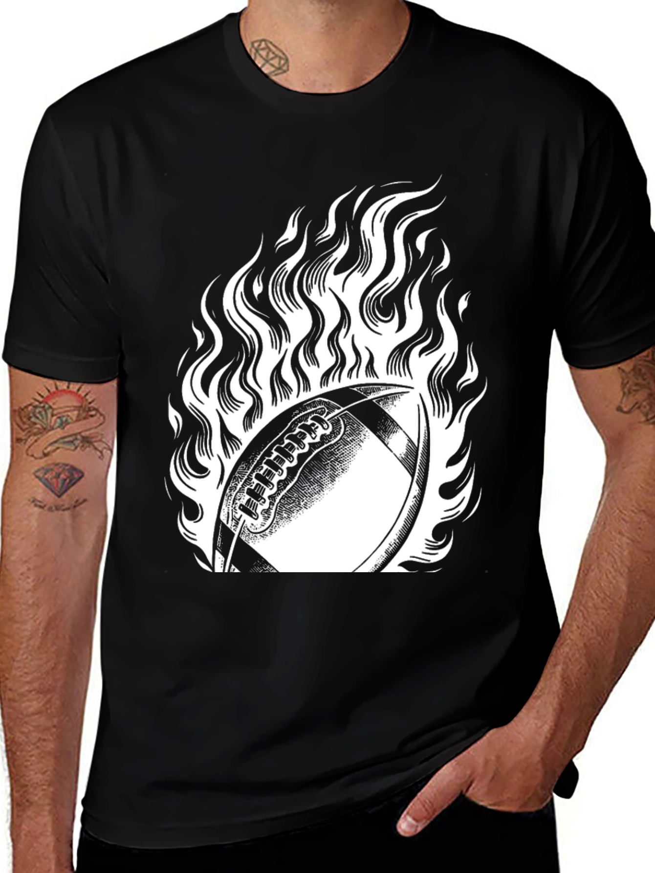 Variant 29 of Flaming Football Graphic Tee - Black Cotton T-Shirt