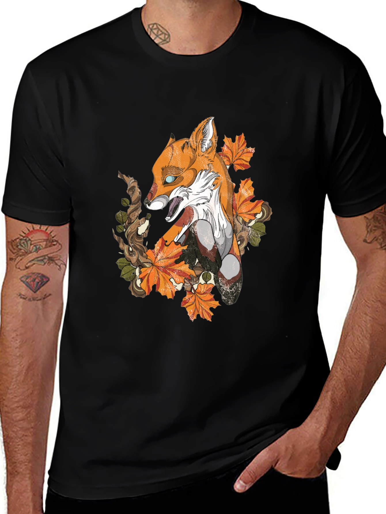 Variant 9 of Fox & Leaves Graphic Print Black T-Shirt