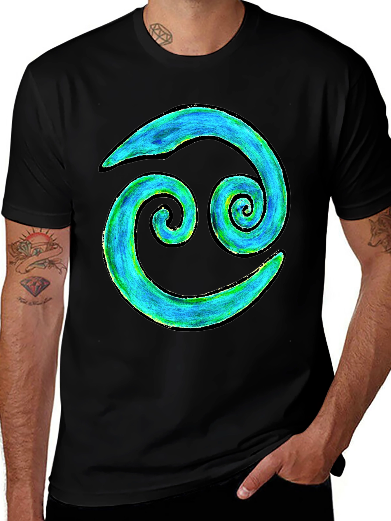 Cancer Zodiac T-Shirt - Blue and Green Spiral Design