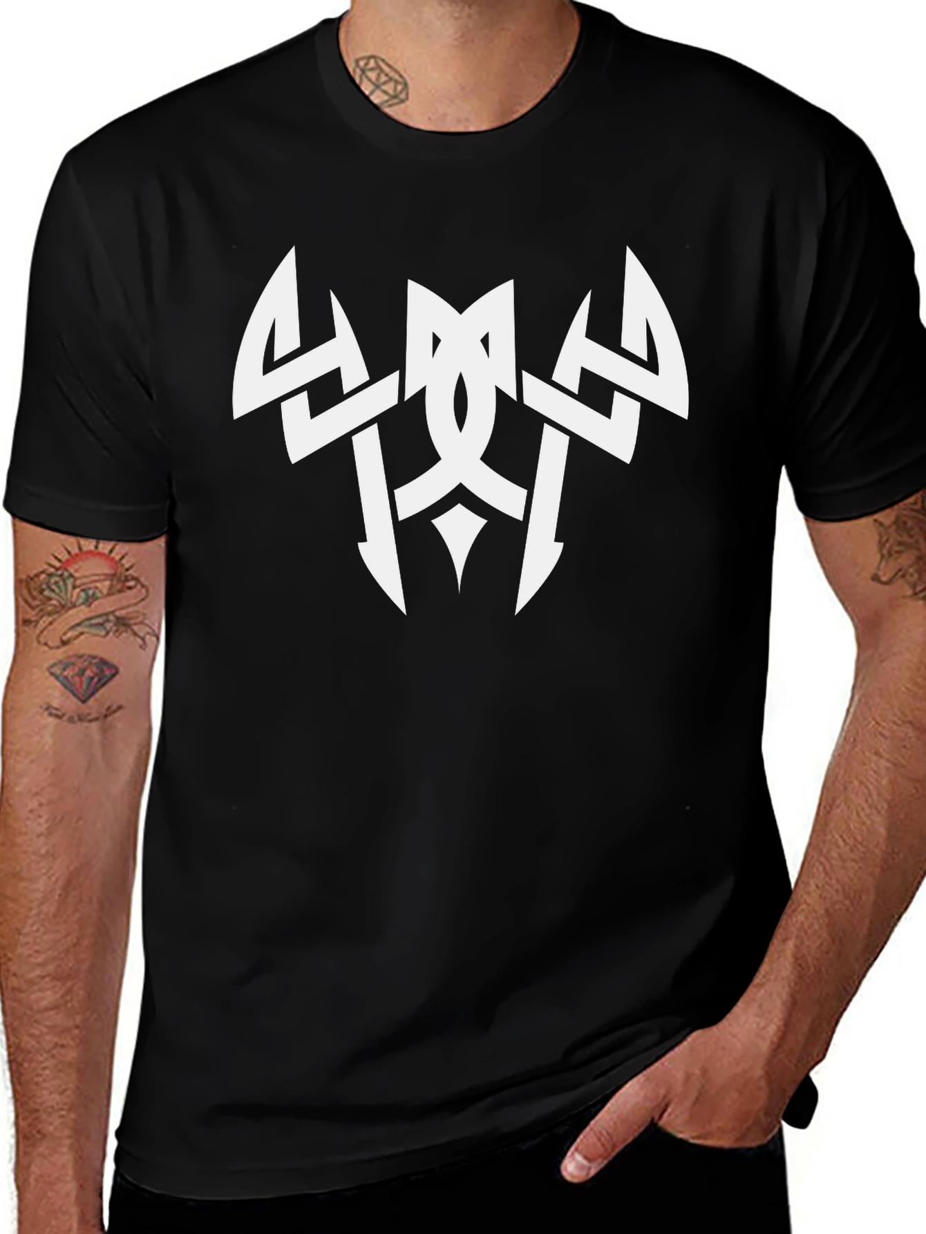 Variant 9 of Men's Black T-Shirt with White Tribal Graphic Print