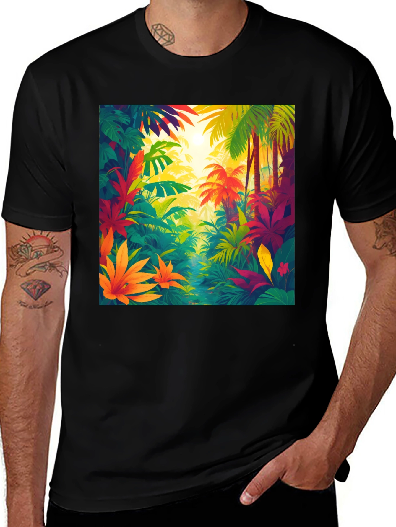Black Tropical Jungle T-Shirt: Vibrant Nature Design main image