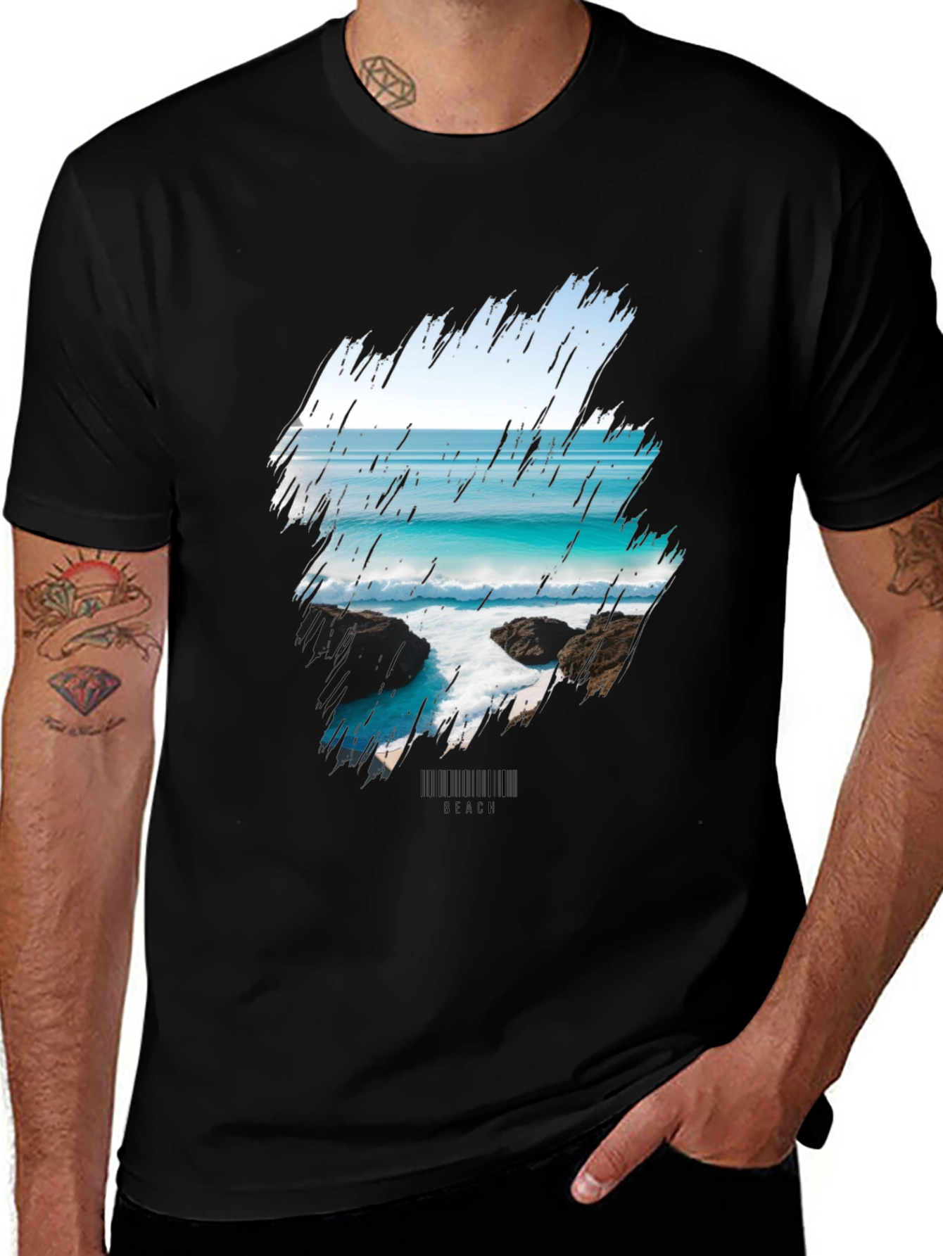 Variant 29 of Beach Scene Graphic Print Black T-Shirt