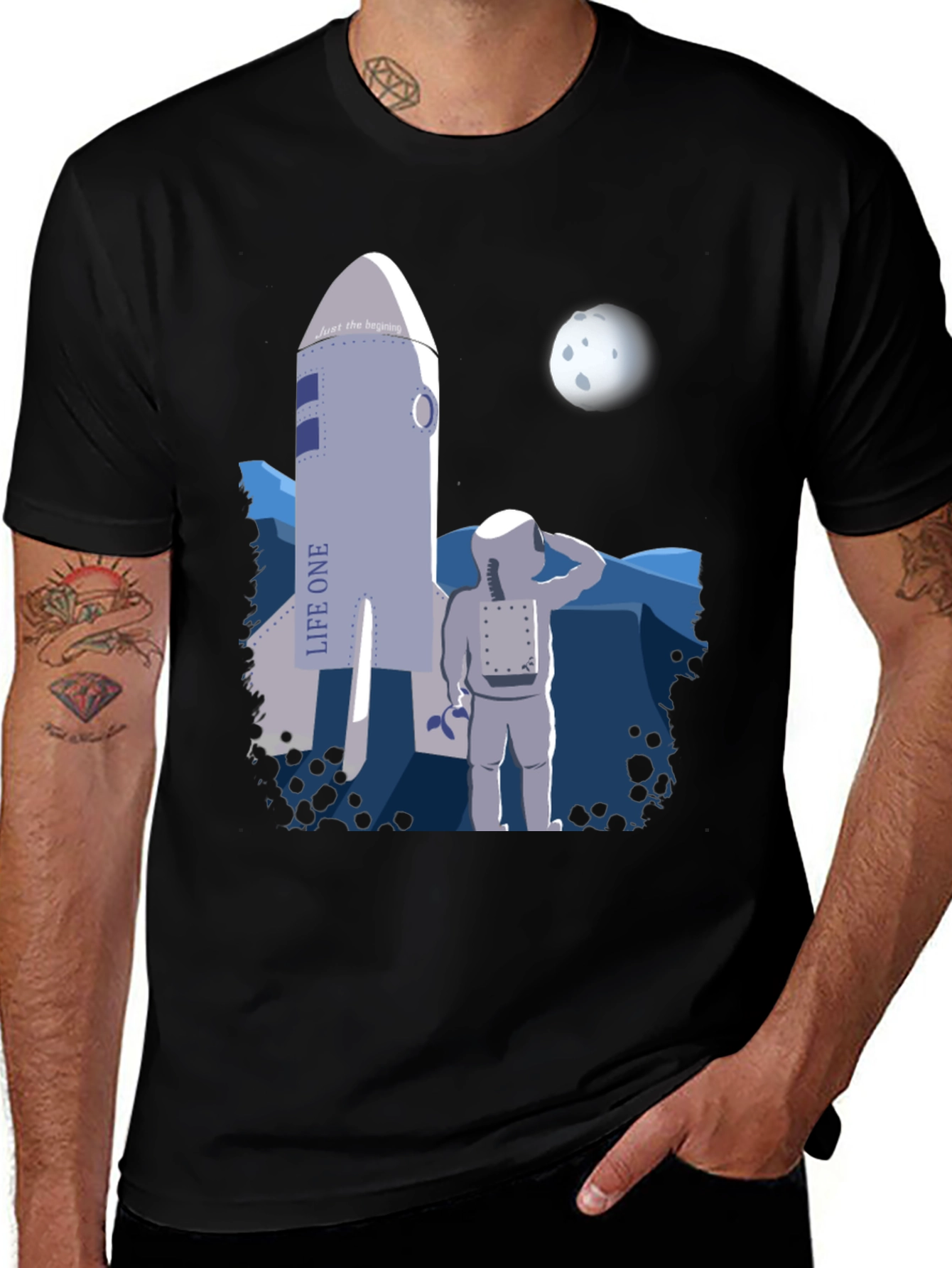 Black Astronaut & Rocket Graphic T-Shirt - Space Adventure Tee main image