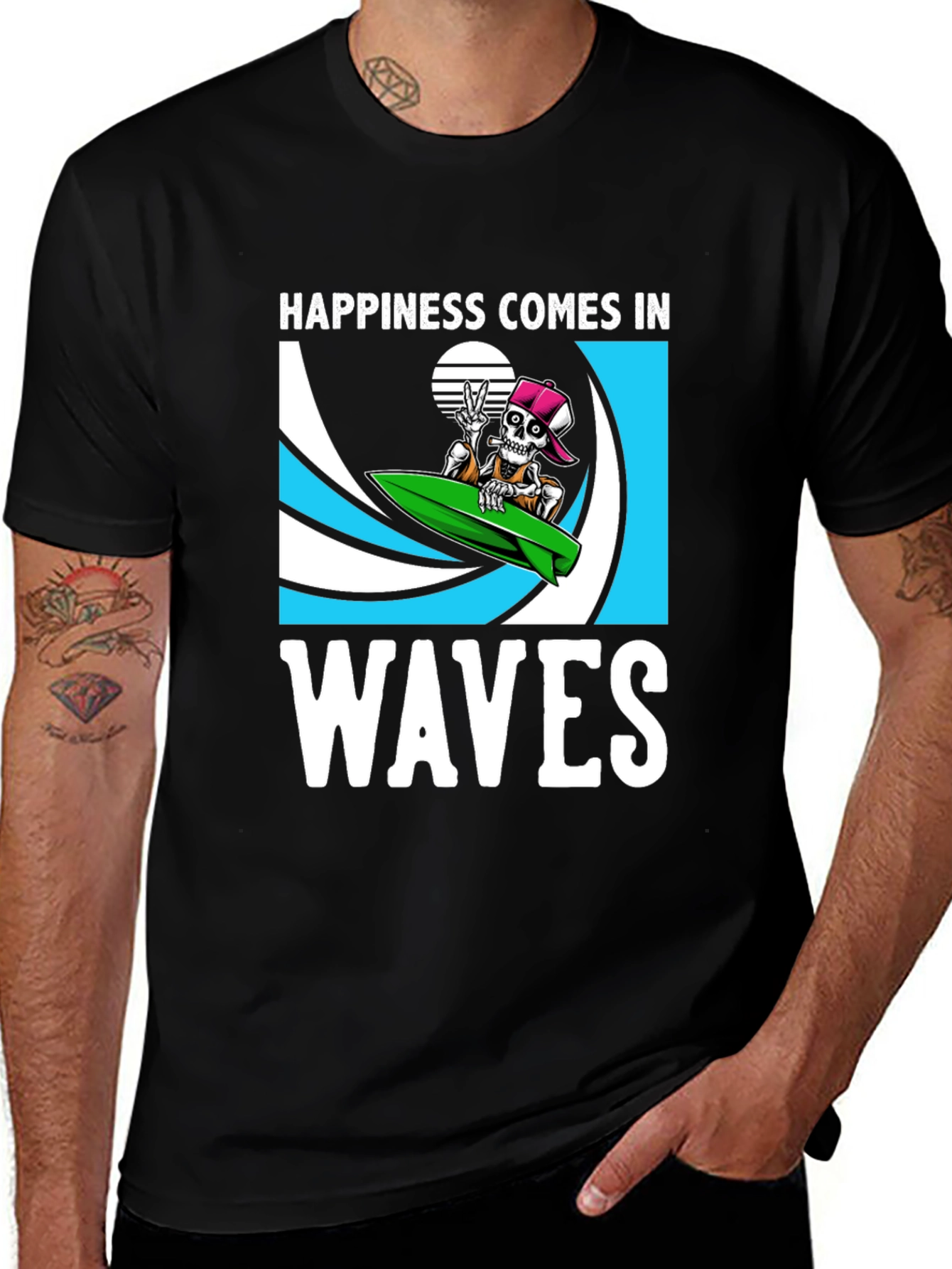Variant 10 of Happiness Comes In Waves Skeleton Surfer T-Shirt