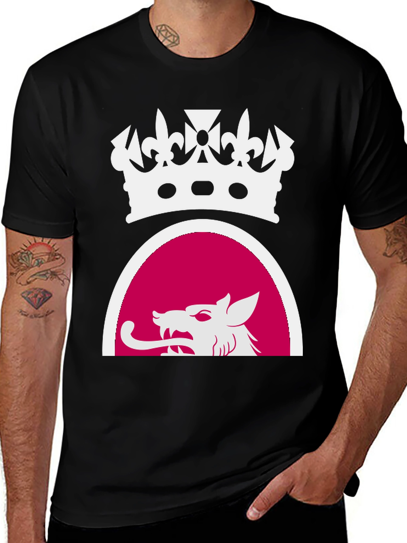Variant 28 of Black Tee with Crown and Wolf Design