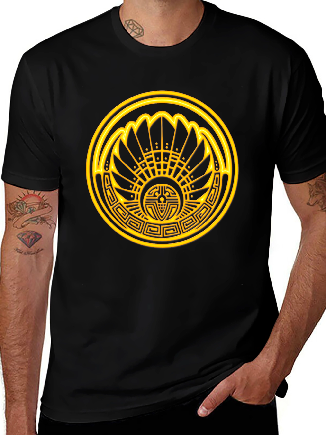 Aztec Sun T-Shirt - Golden Design on Black Cotton