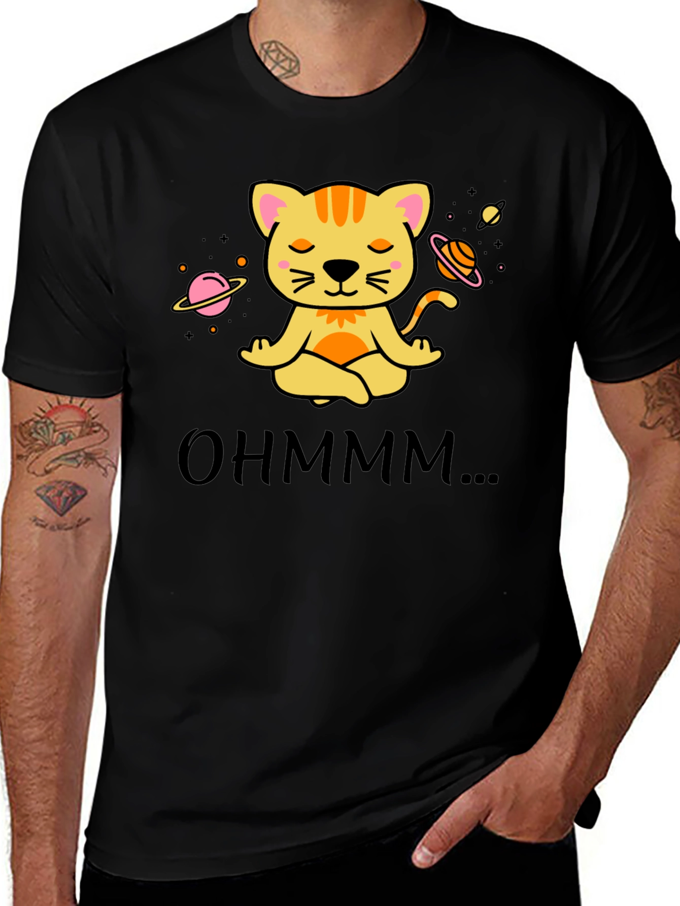 Variant 2 of Ohm Cat T-Shirt - Meditating Space Cat Design