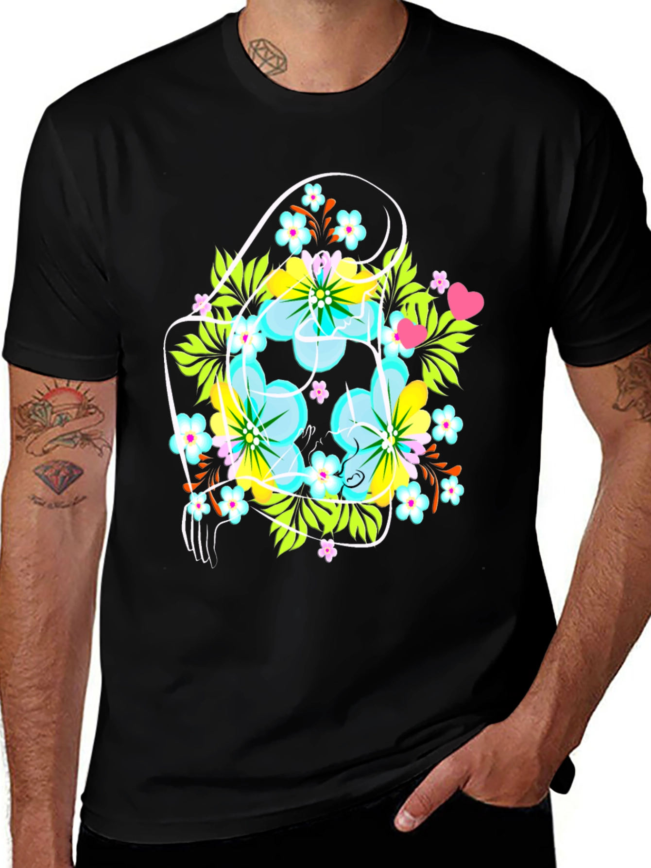 Variant 28 of Floral Graphic Tee: Men's Black Crew Neck T-Shirt