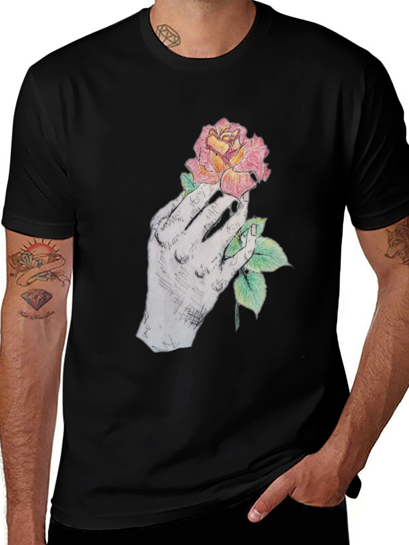 Variant 16 of Floral Hand Graphic Tee - Artistic Black T-Shirt