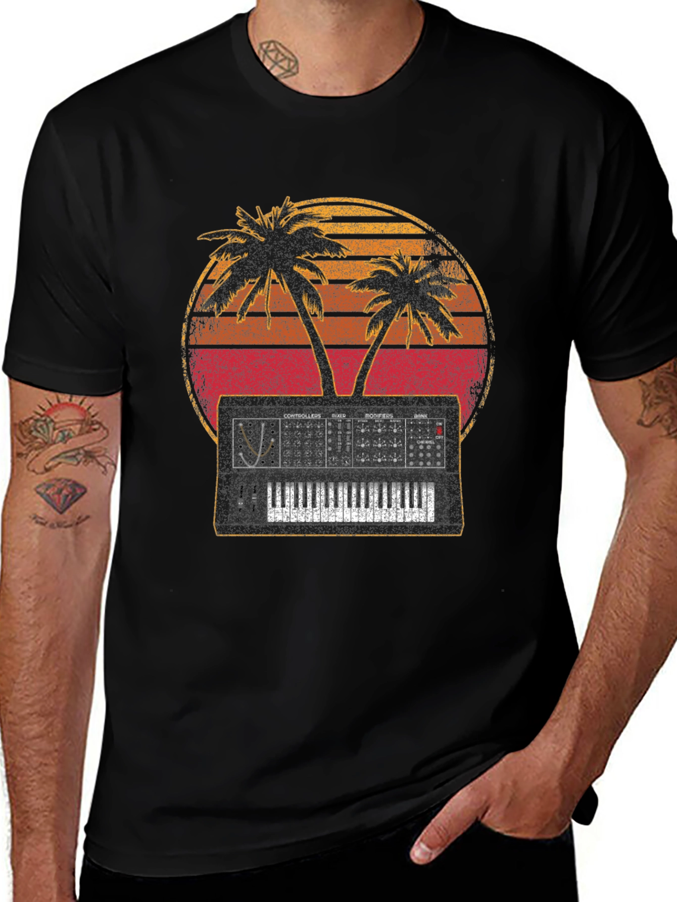 Variant 29 of Retro Synthwave T-Shirt - Palm Tree Synthesizer Design