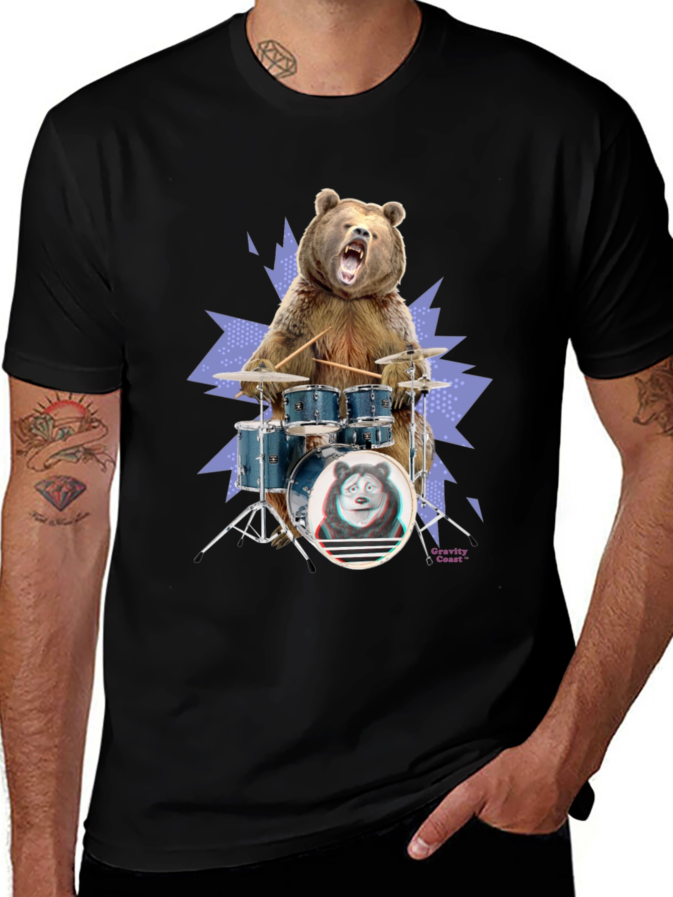 Variant 12 of Bear Drummer Graphic Tee - Black Cotton T-Shirt