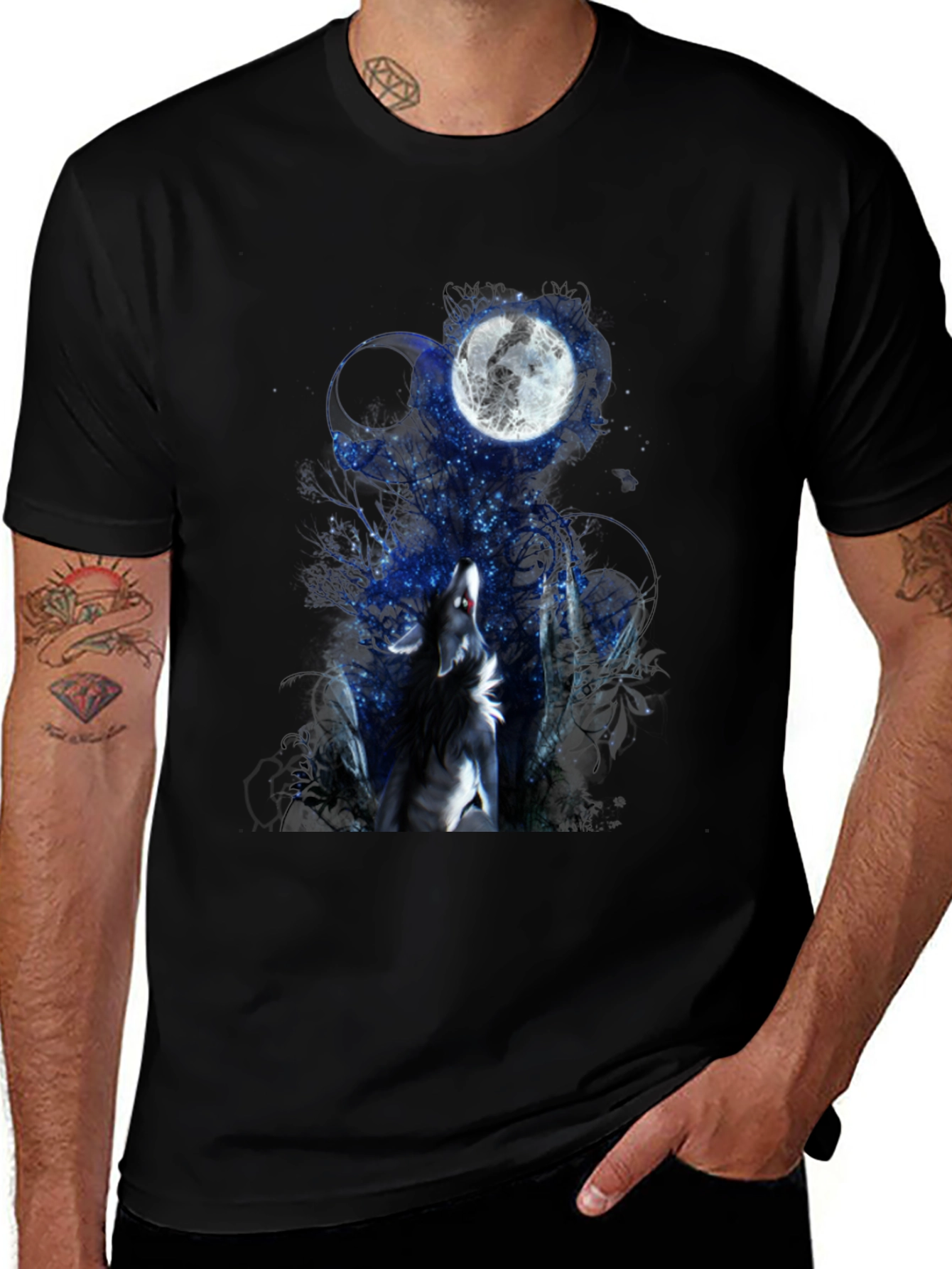 Variant 29 of Wolf Howling at Moon Graphic Tee - Black