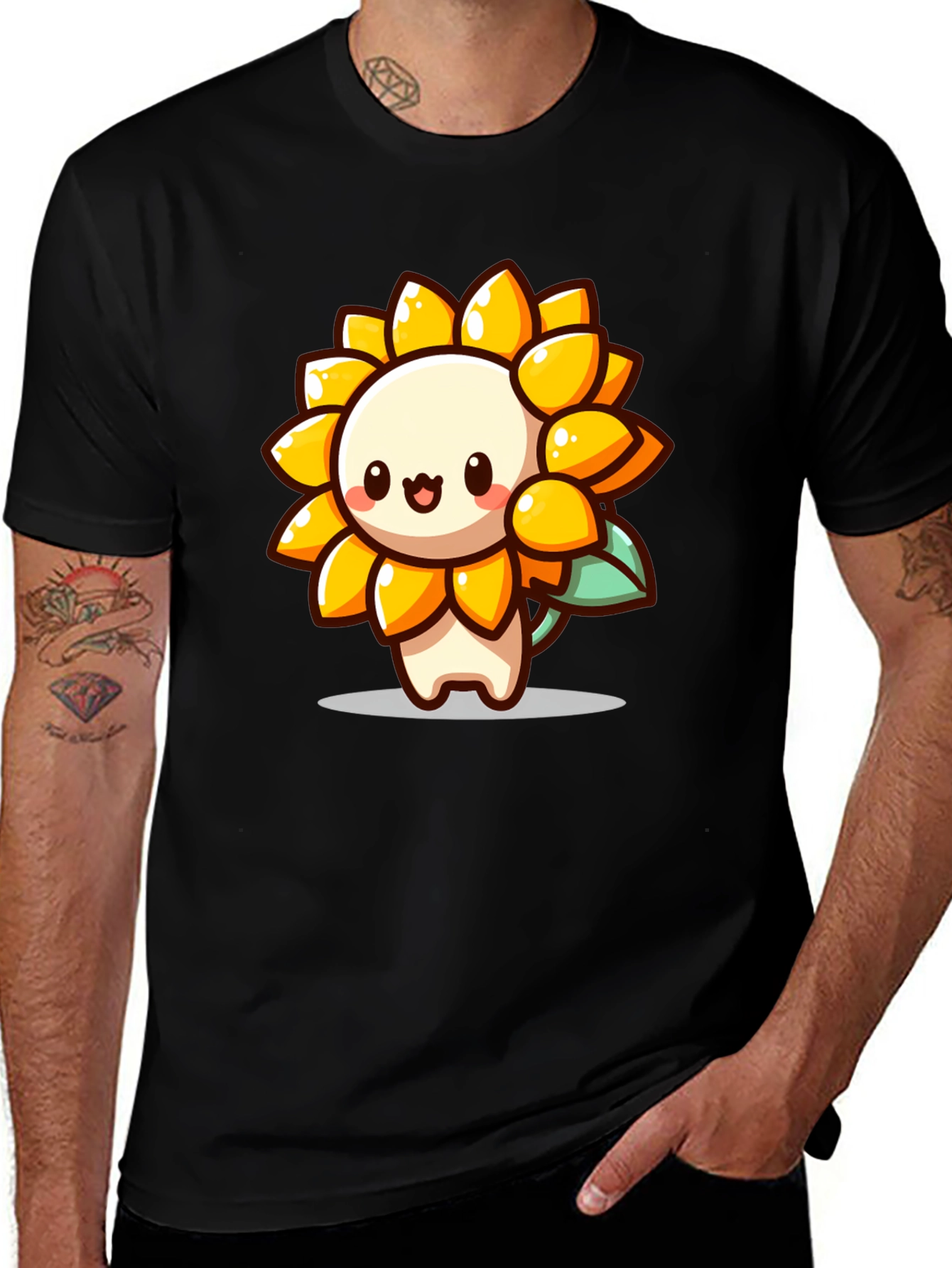 Variant 12 of Cute Sunflower Cartoon Graphic Black T-Shirt