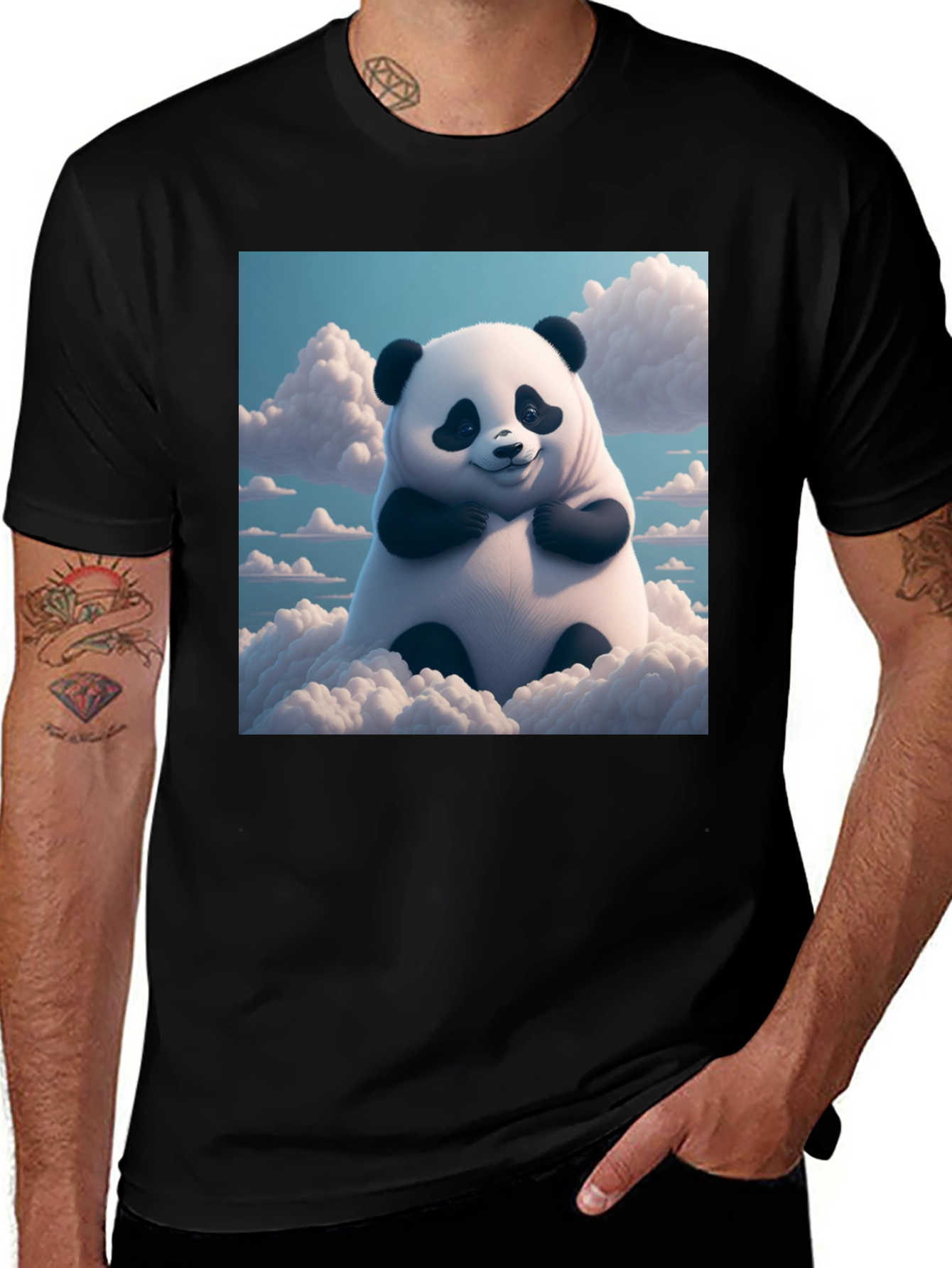 Variant 19 of Cute Panda in Clouds Graphic Tee - Black Cotton T-Shirt