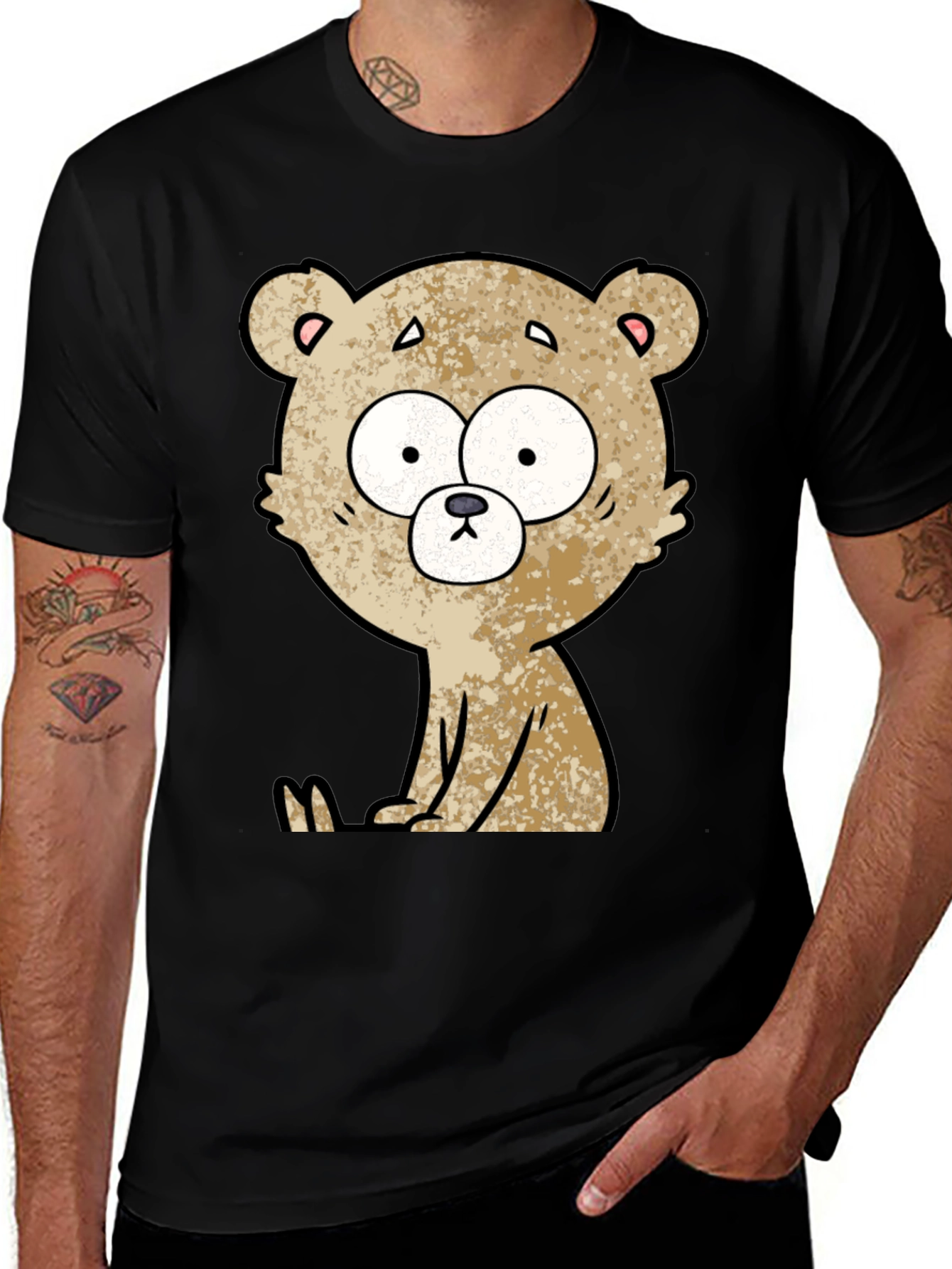 Variant 9 of Cartoon Bear Graphic Tee - Black Casual T-Shirt