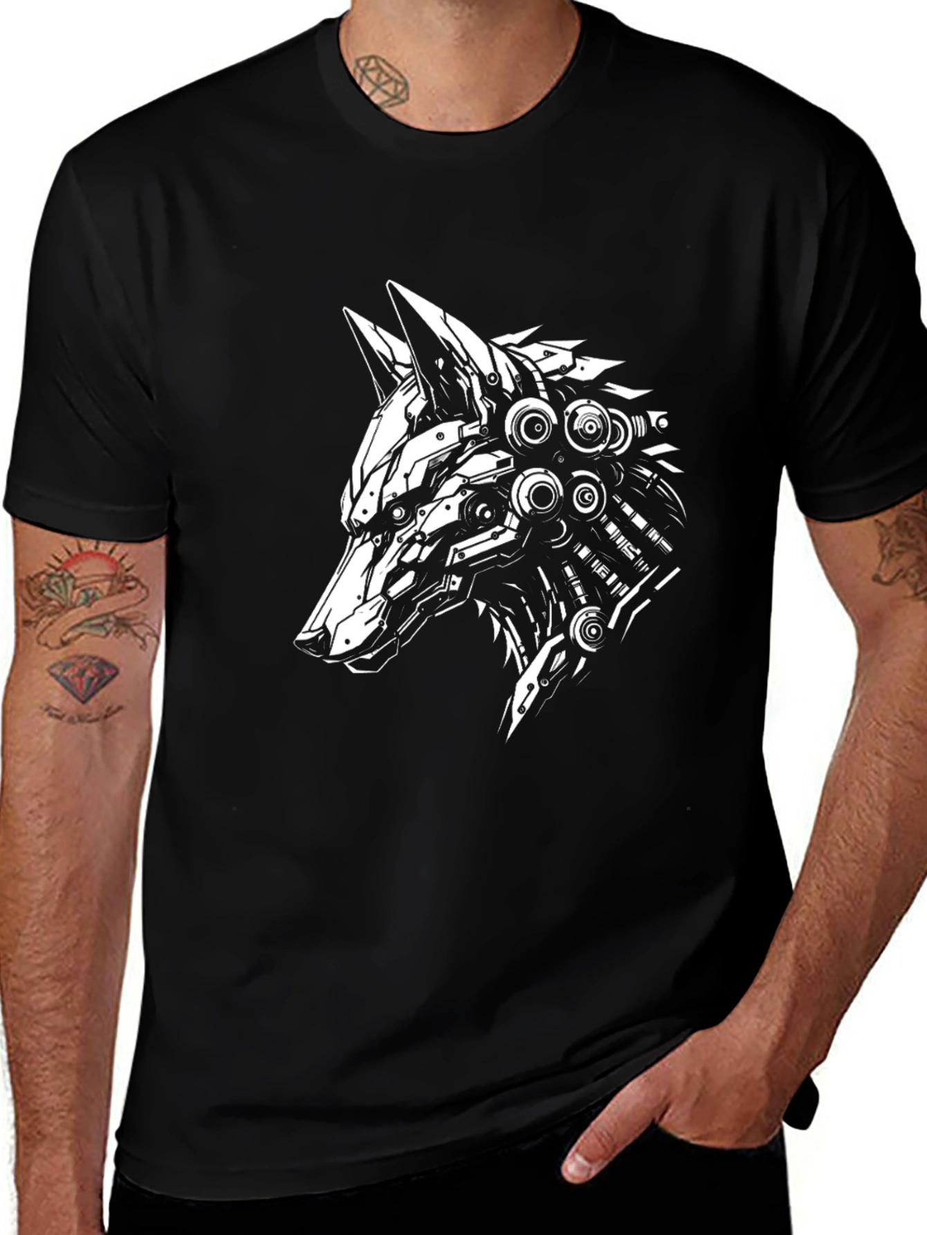 Variant 12 of Cyberpunk Wolf Graphic Tee - Black Cotton T-Shirt